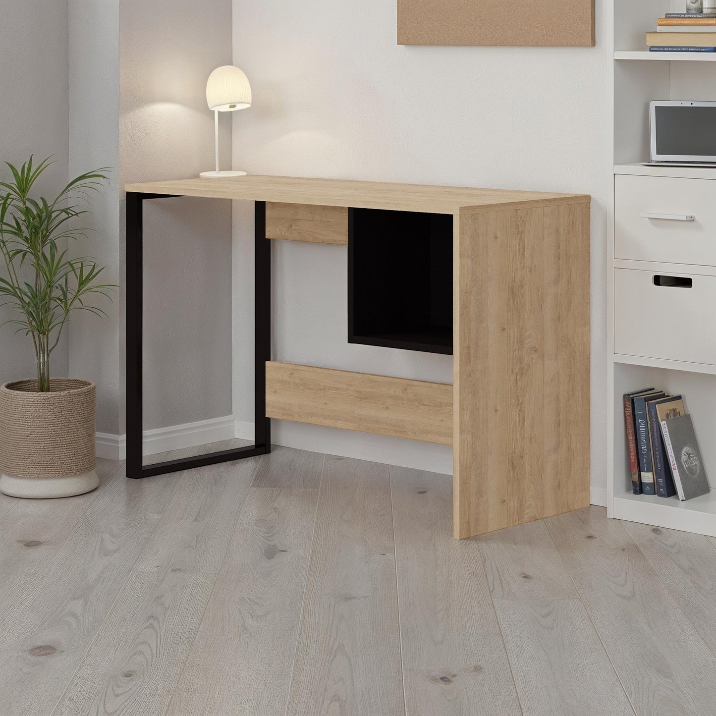 Compact wooden desk with black metal legs and built-in storage shelf