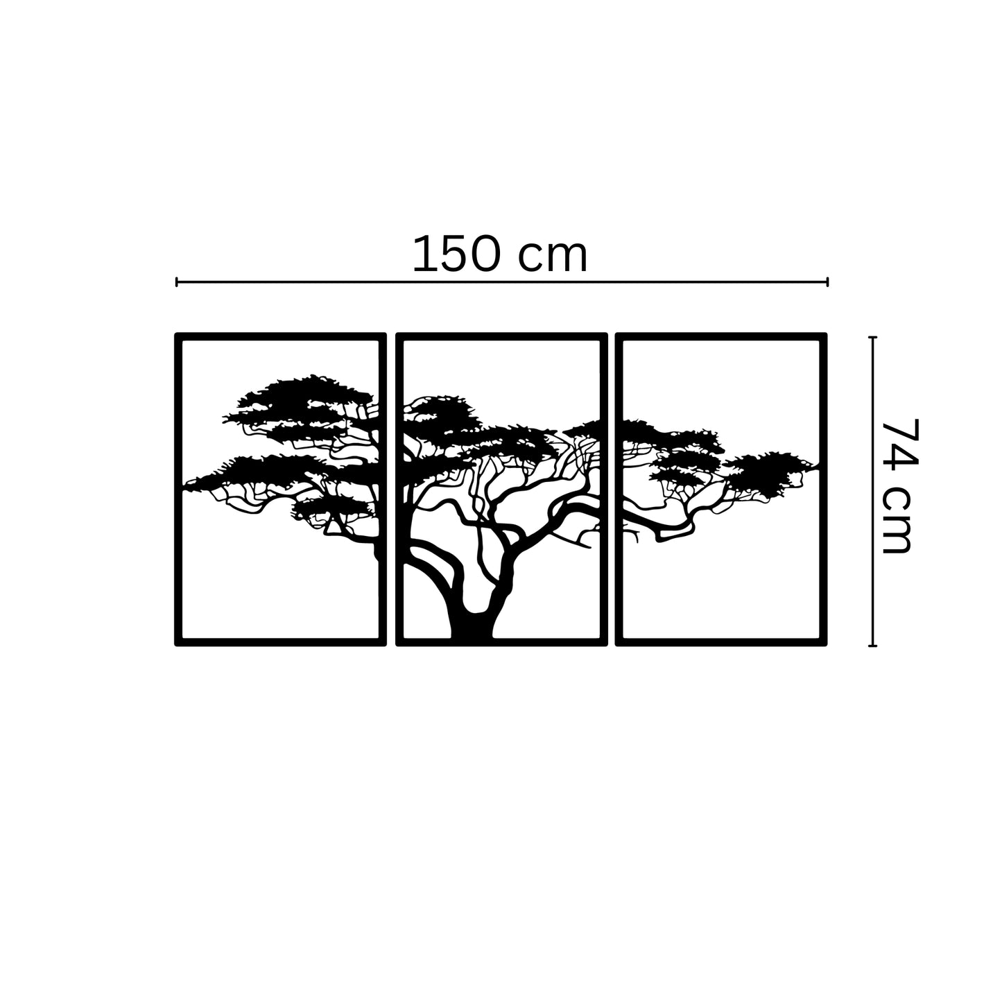 Three-panel black tree metal wall art, perfect for modern bedroom or nature-inspired wall decor