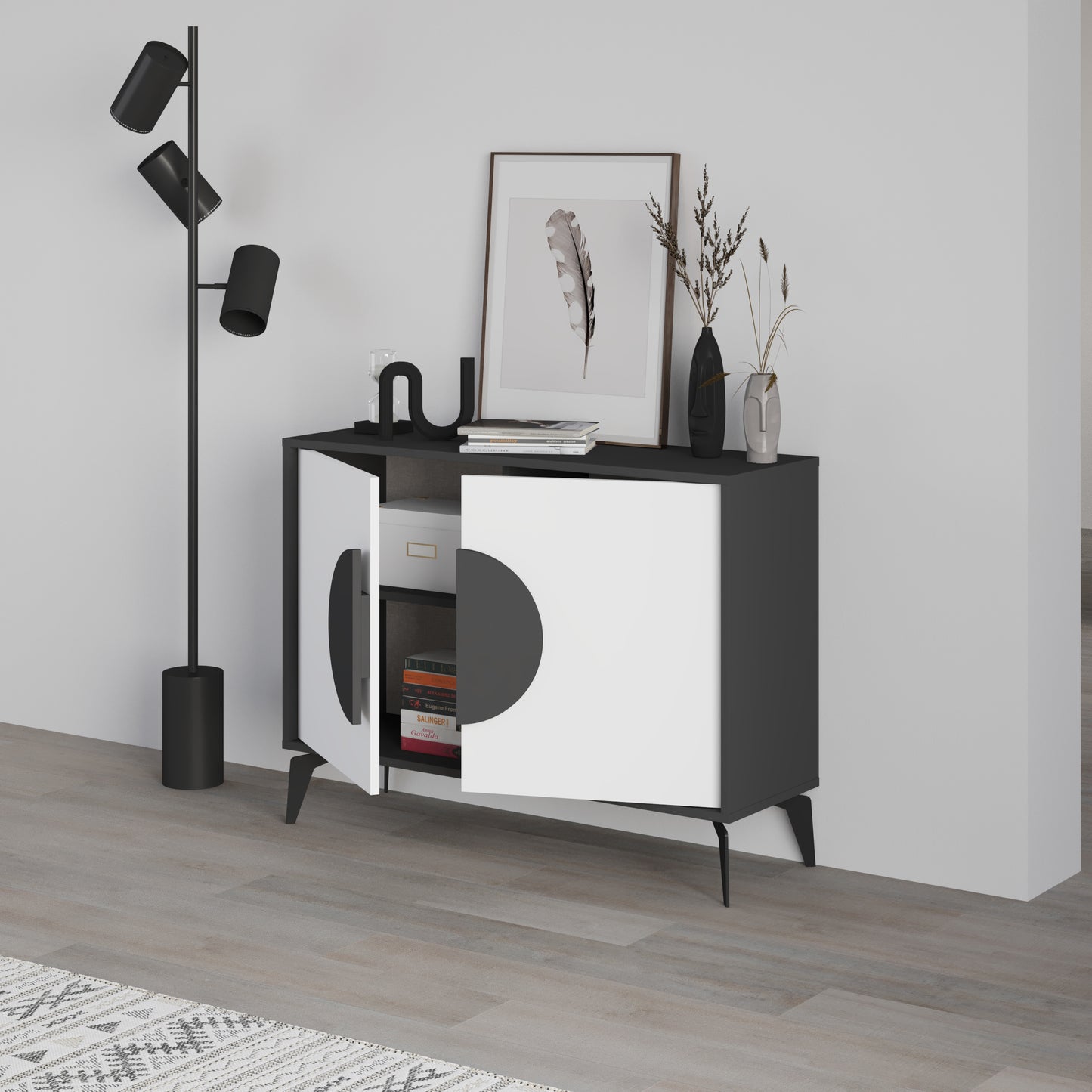 Modern sideboard cabinet with metal legs and closed storage, ideal for living room, dining area or hallway