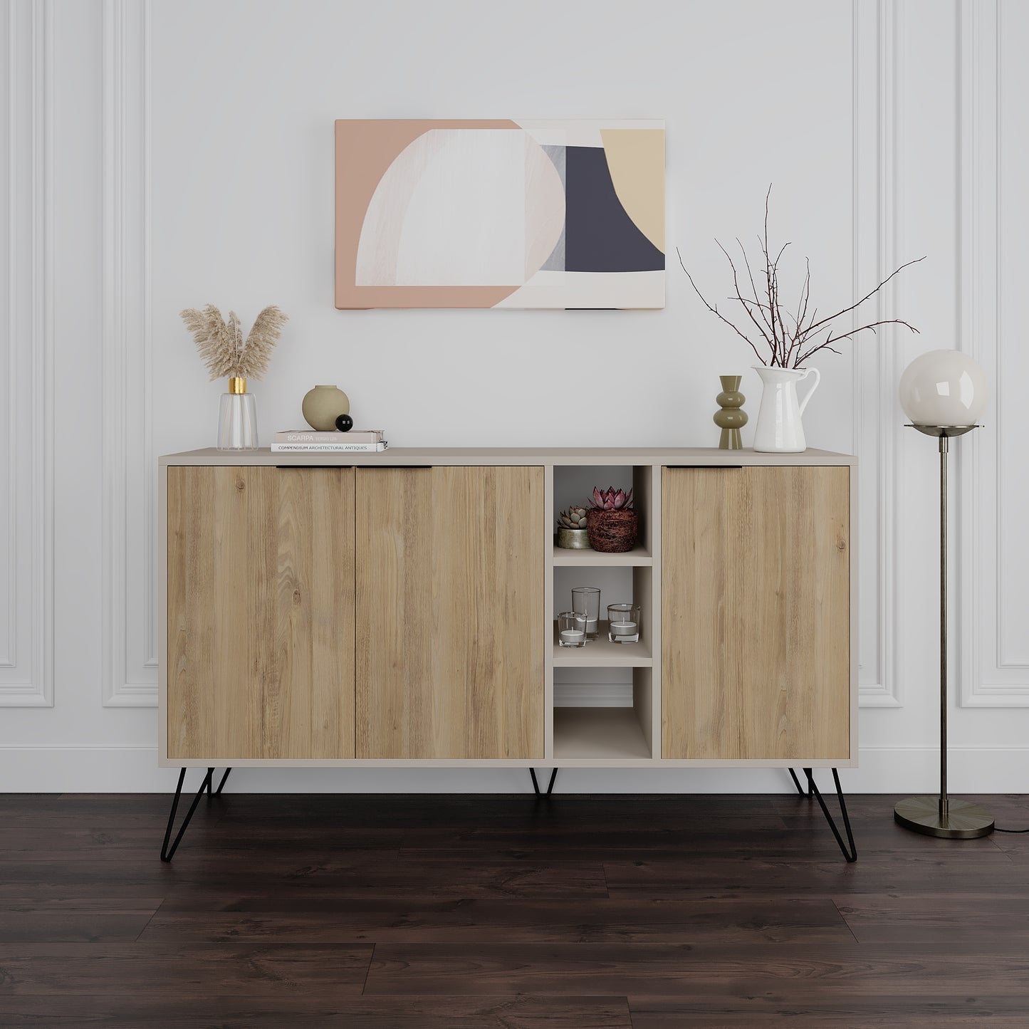 Modern sideboard cabinet with metal legs and closed storage, ideal for living room, dining area or hallway