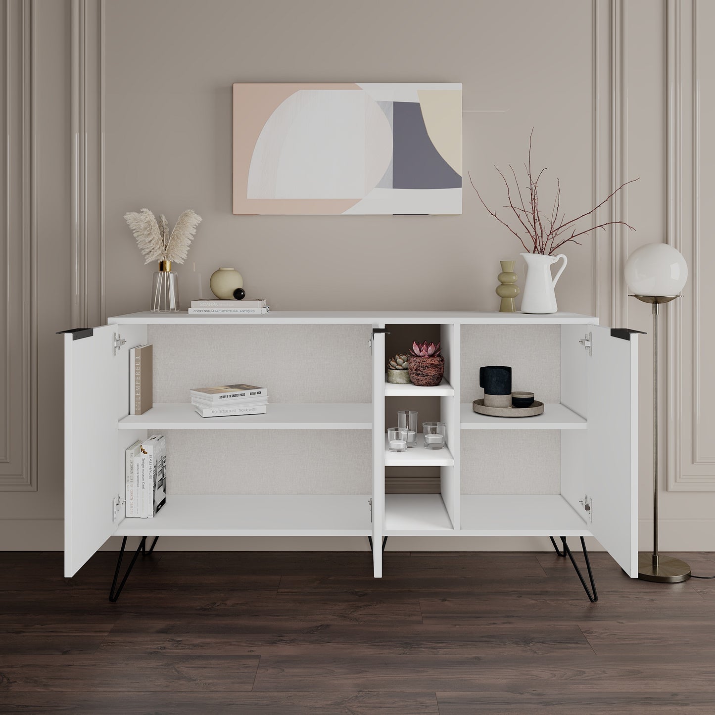 Modern sideboard cabinet with metal legs and closed storage, ideal for living room, dining area or hallway