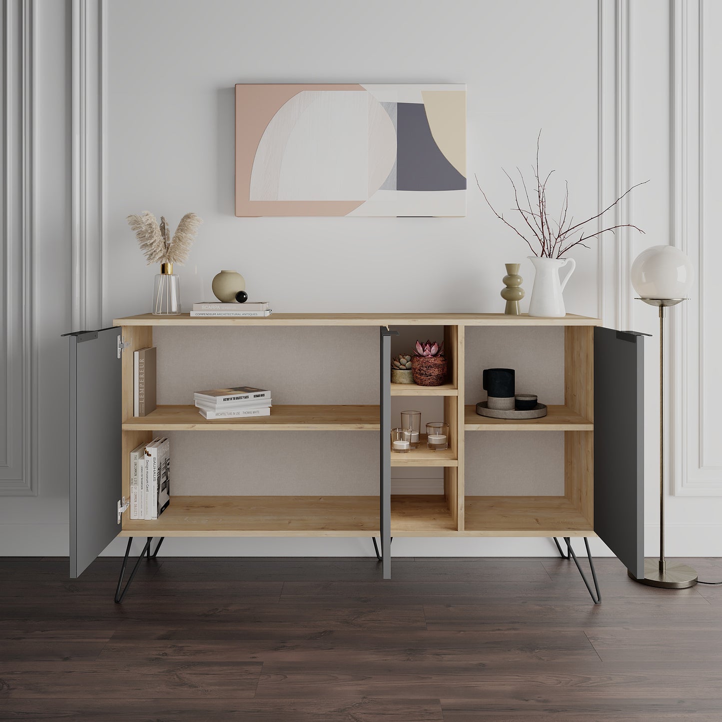 Modern sideboard cabinet with metal legs and closed storage, ideal for living room, dining area or hallway