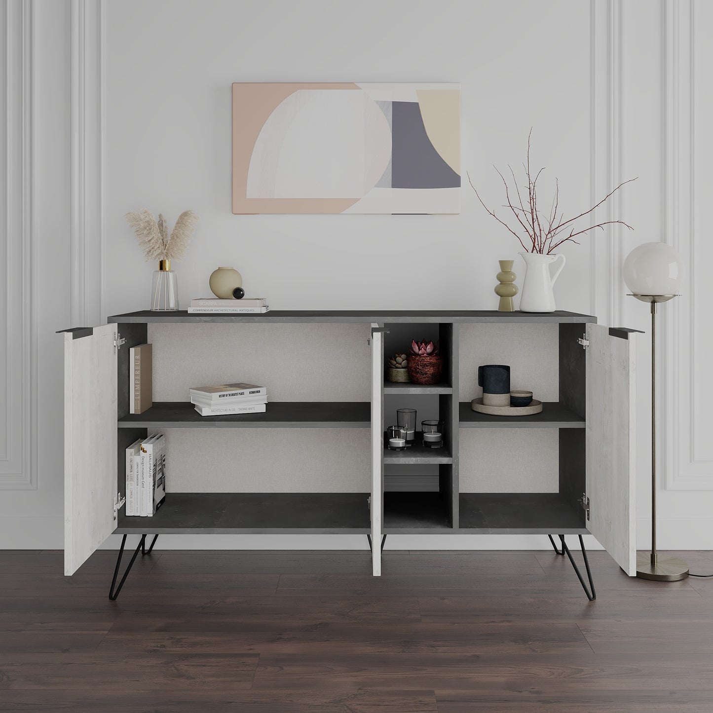 Modern sideboard cabinet with metal legs and closed storage, ideal for living room, dining area or hallway