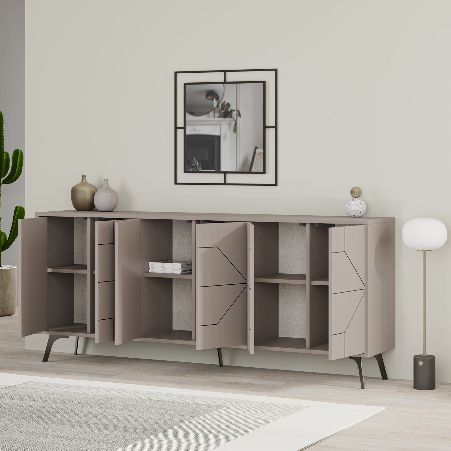 Modern sideboard cabinet with metal legs and geometric doors, ideal for stylish storage in living or dining rooms