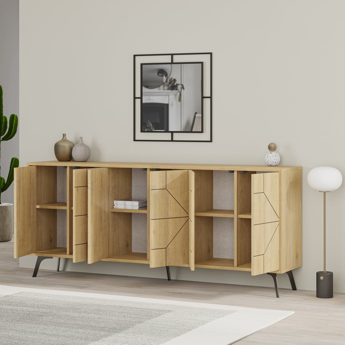 Modern sideboard cabinet with metal legs and geometric doors, ideal for stylish storage in living or dining rooms