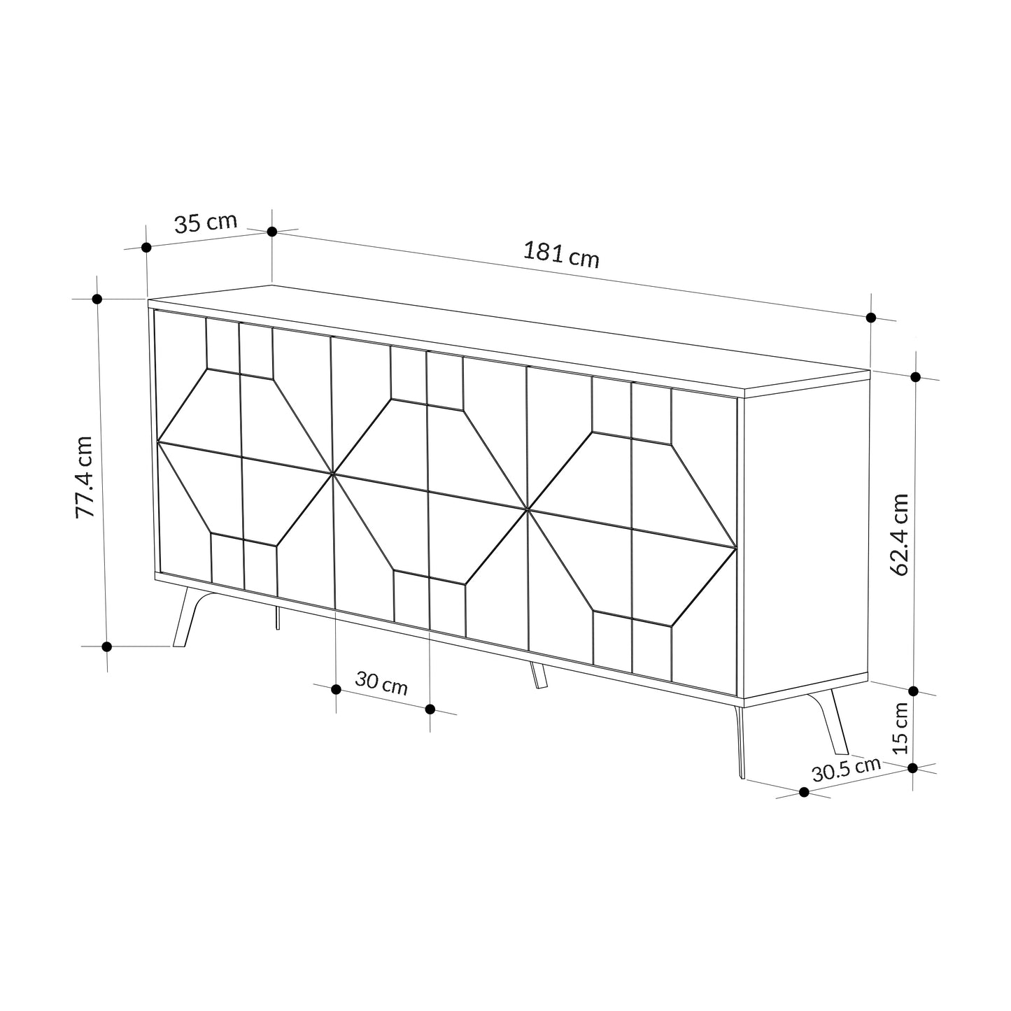 Modern sideboard cabinet with metal legs and geometric doors, ideal for stylish storage in living or dining rooms
