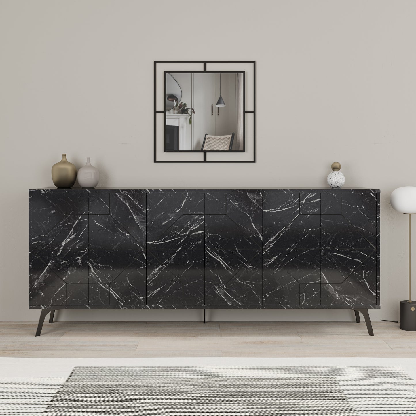 Modern sideboard cabinet with metal legs and geometric doors, ideal for stylish storage in living or dining rooms