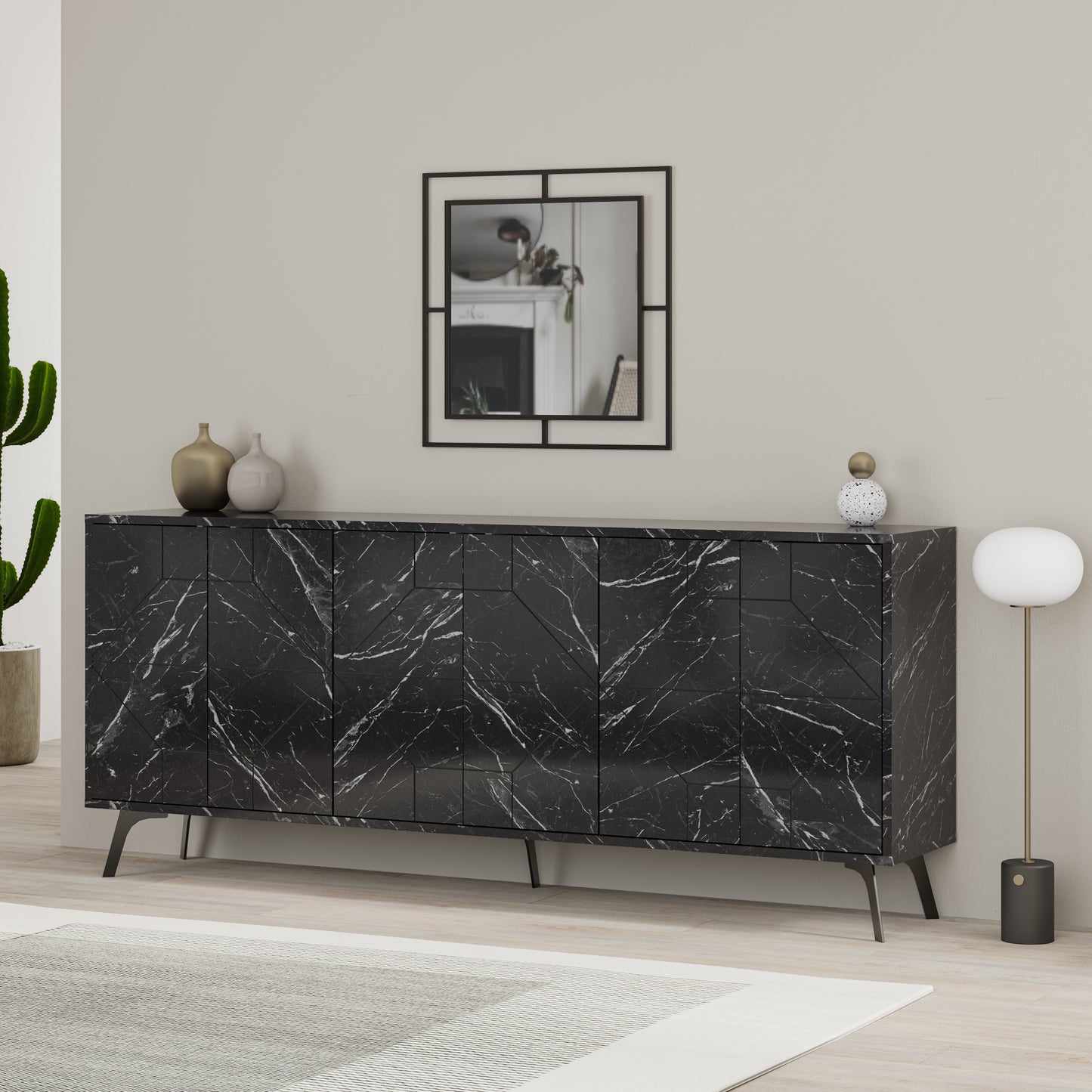 Modern sideboard cabinet with metal legs and geometric doors, ideal for stylish storage in living or dining rooms