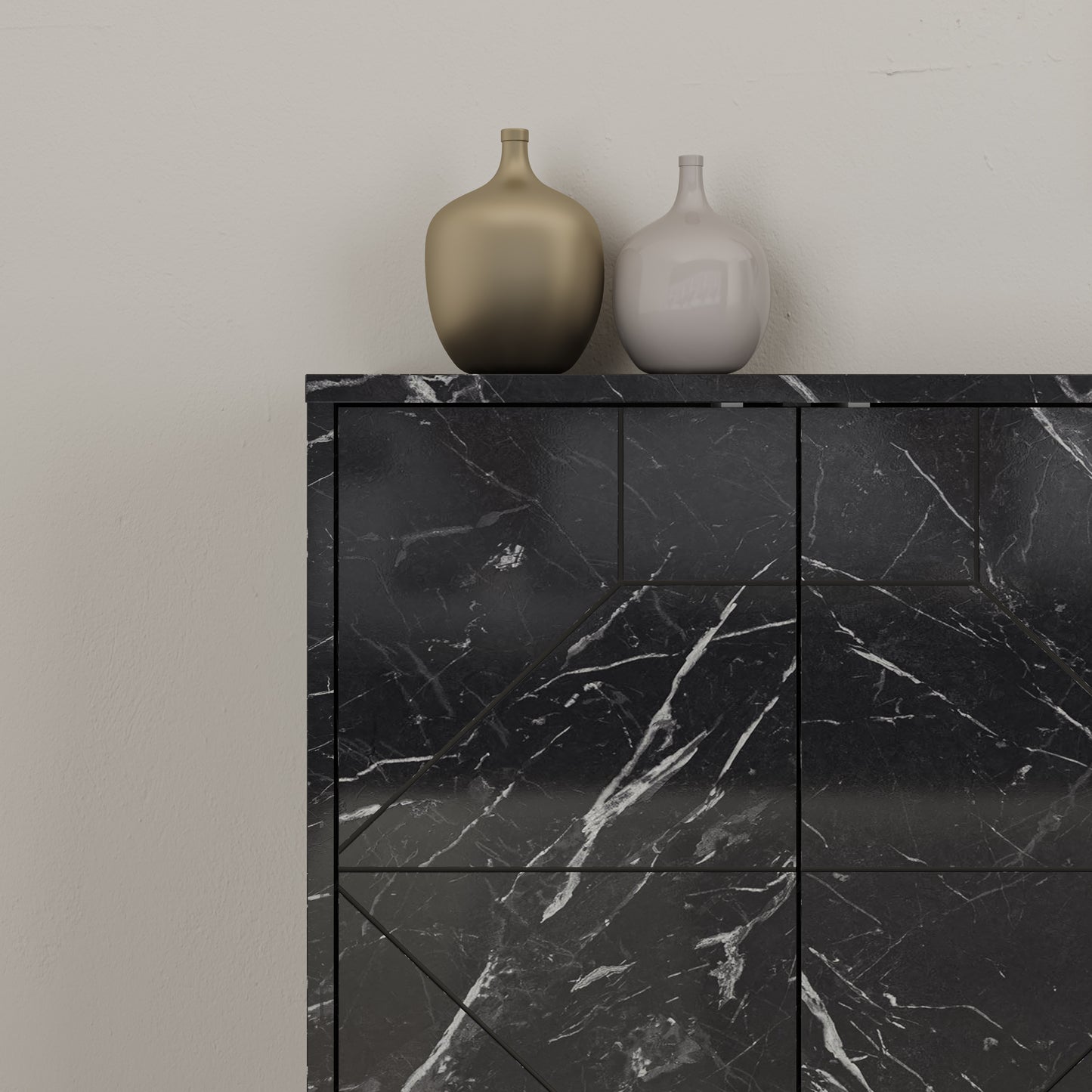Modern sideboard cabinet with metal legs and geometric doors, ideal for stylish storage in living or dining rooms