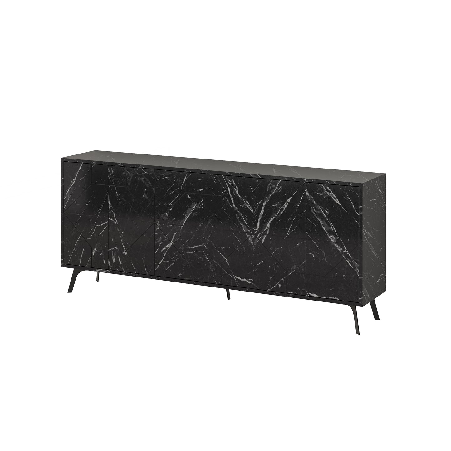 Modern sideboard cabinet with metal legs and geometric doors, ideal for stylish storage in living or dining rooms