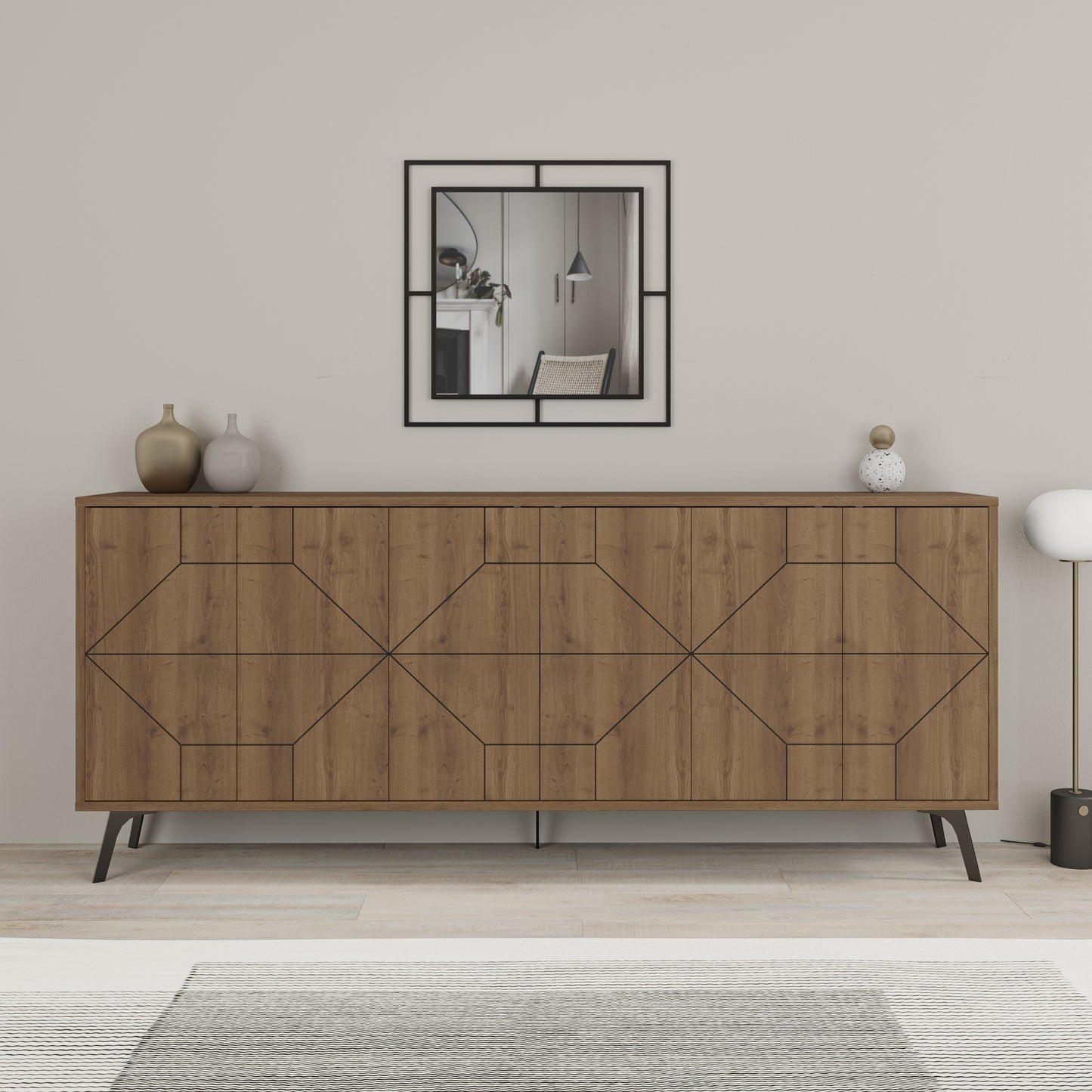 Modern sideboard cabinet with metal legs and geometric doors, ideal for stylish storage in living or dining rooms
