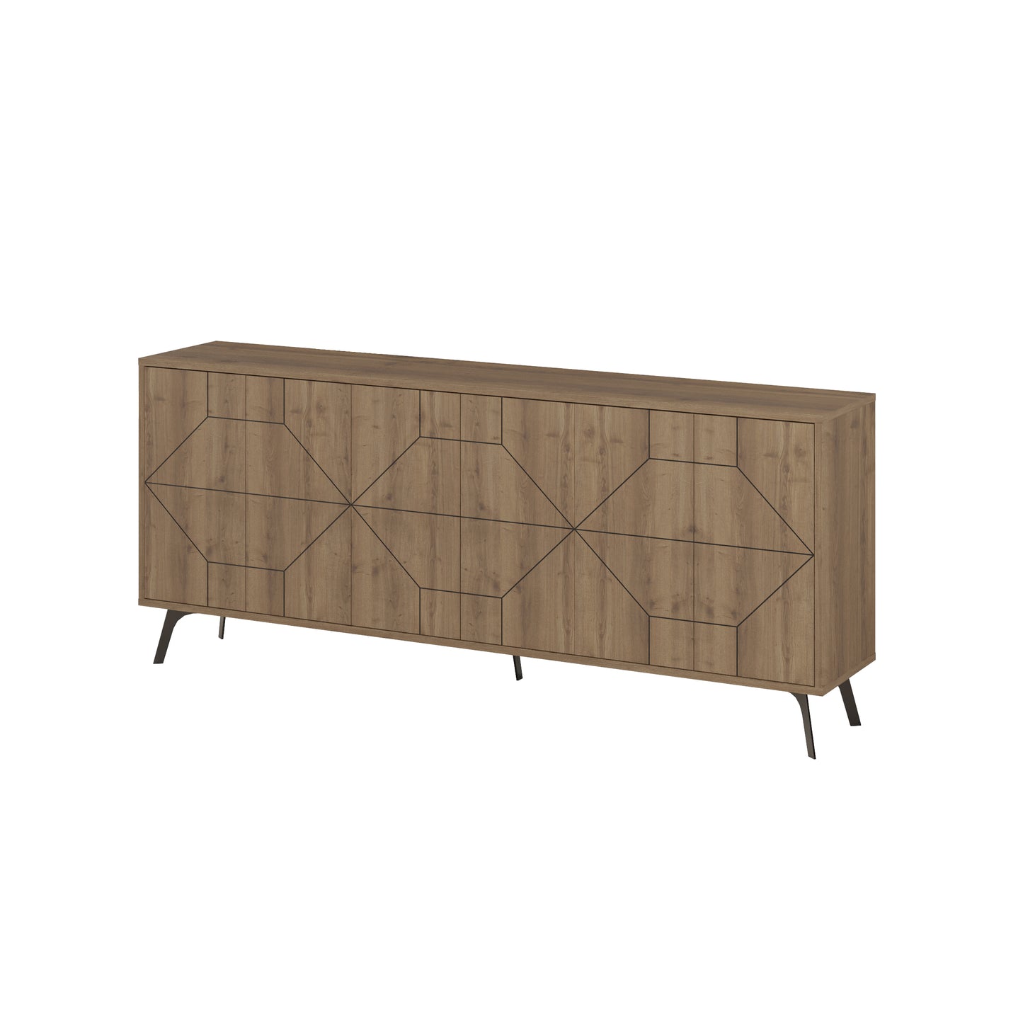 Modern sideboard cabinet with metal legs and geometric doors, ideal for stylish storage in living or dining rooms