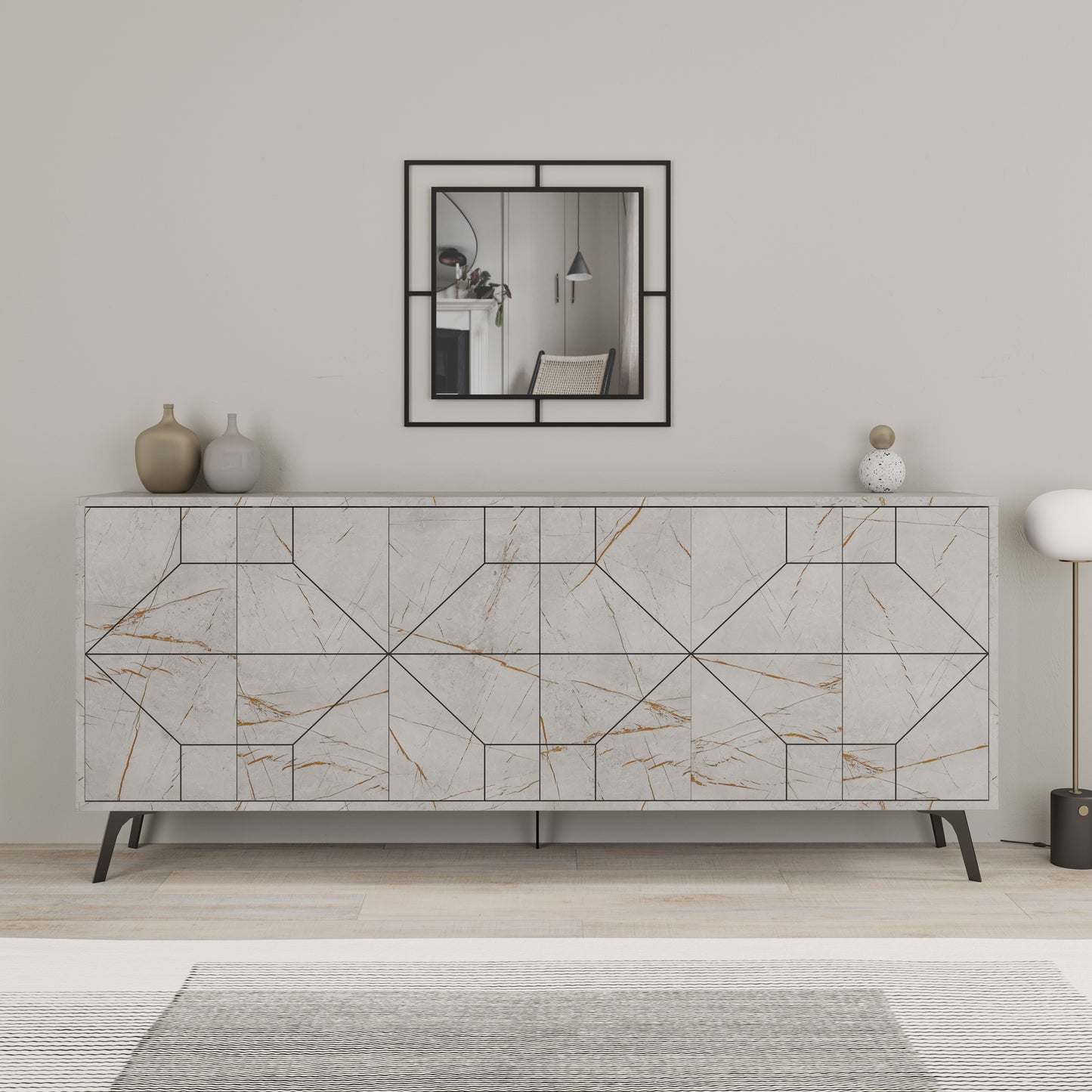 Modern sideboard cabinet with metal legs and geometric doors, ideal for stylish storage in living or dining rooms