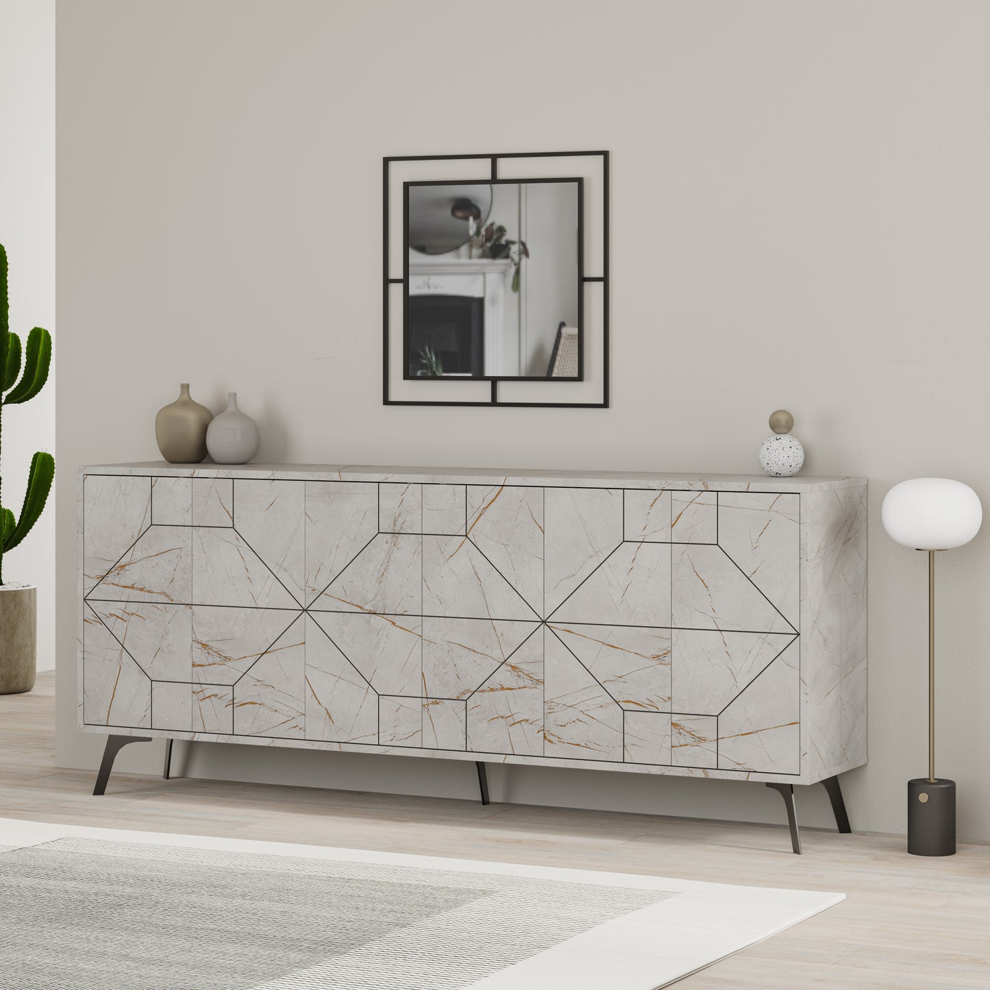 Modern sideboard cabinet with metal legs and geometric doors, ideal for stylish storage in living or dining rooms