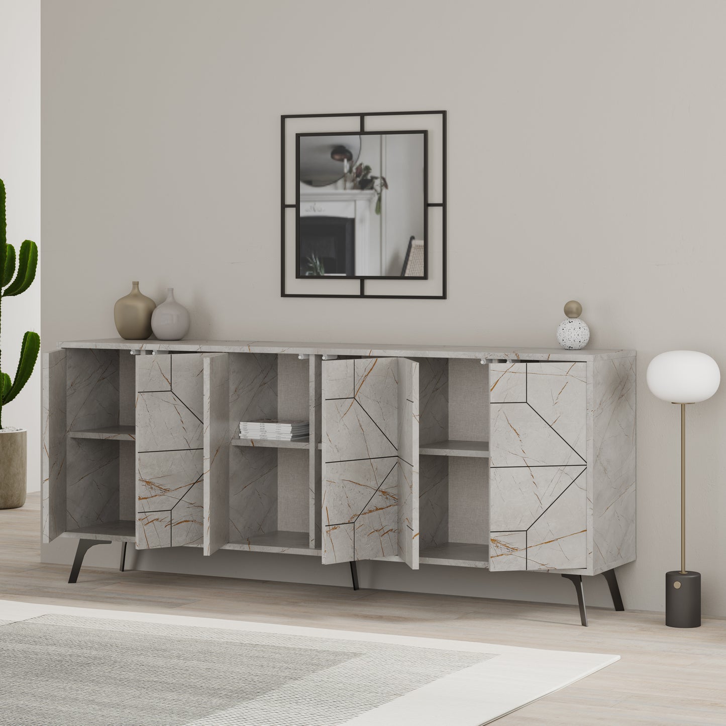 Modern sideboard cabinet with metal legs and geometric doors, ideal for stylish storage in living or dining rooms