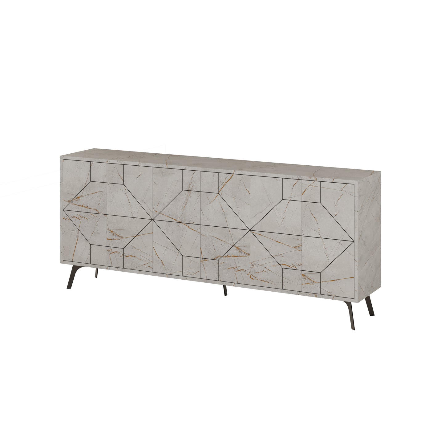 Modern sideboard cabinet with metal legs and geometric doors, ideal for stylish storage in living or dining rooms