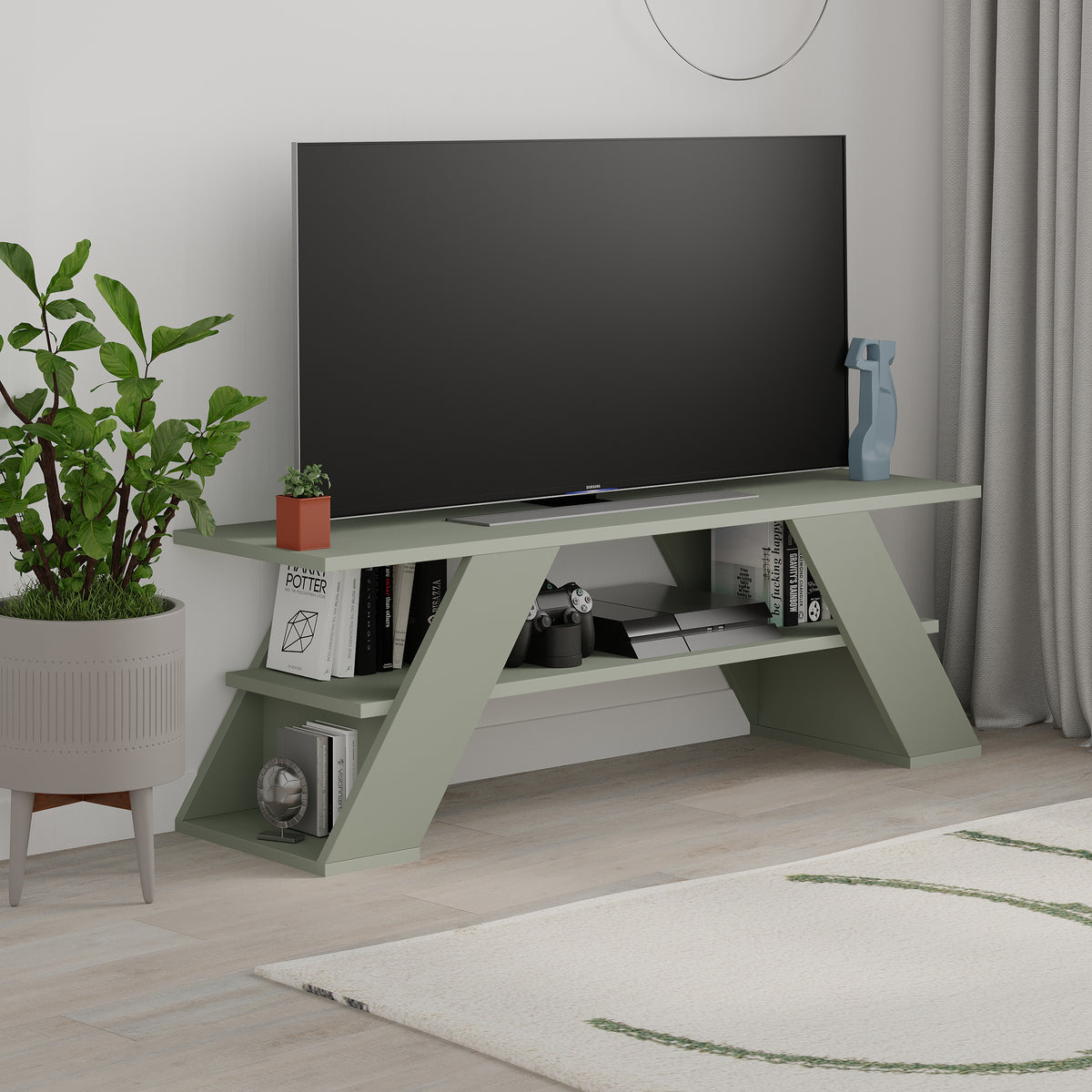 Modern TV stand with angled legs and open shelf, ideal for media storage and gaming consoles in contemporary living rooms