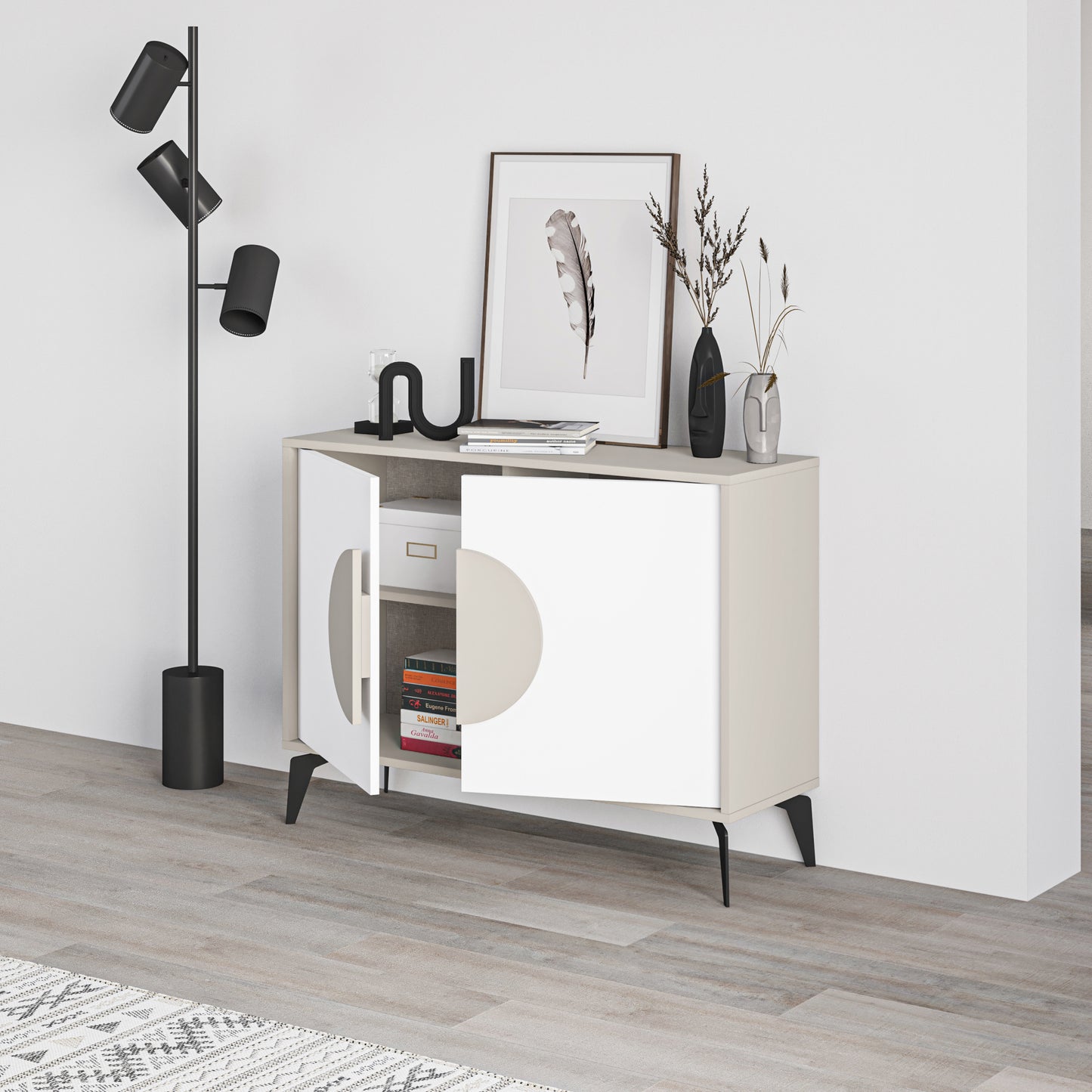 Modern sideboard cabinet with metal legs and closed storage, ideal for living room, dining area or hallway