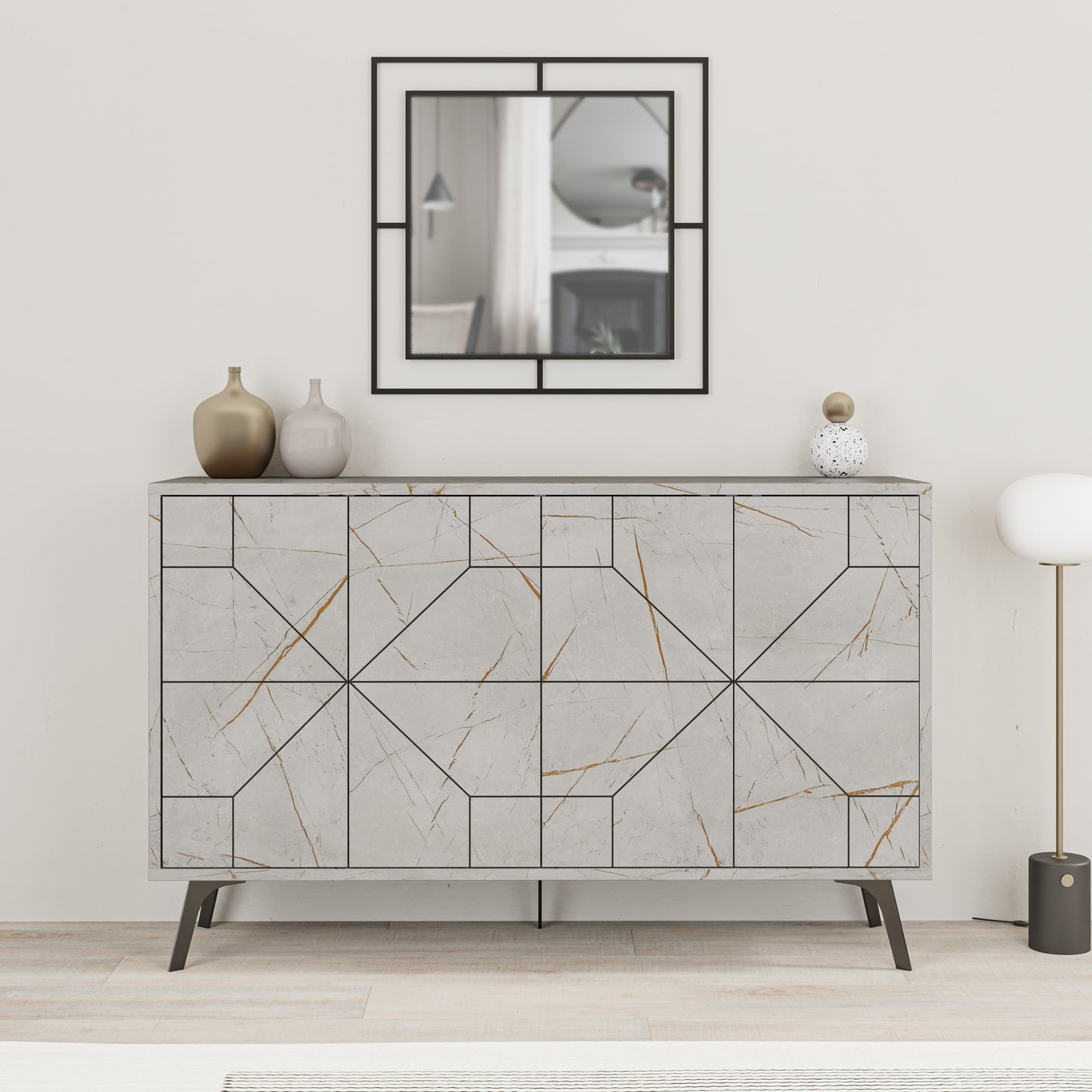 Modern sideboard cabinet with metal legs and closed storage, ideal for living room, dining area or hallway