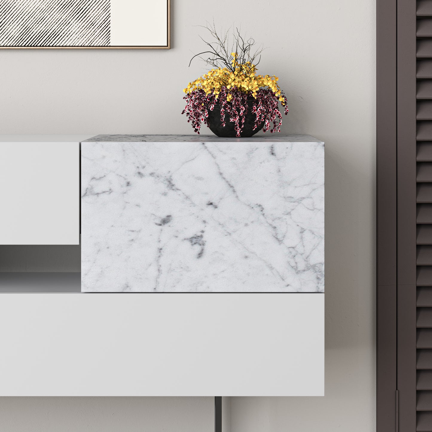 Modern white sideboard with marble effect doors and drawers, perfect for living room, dining room or hallway storage