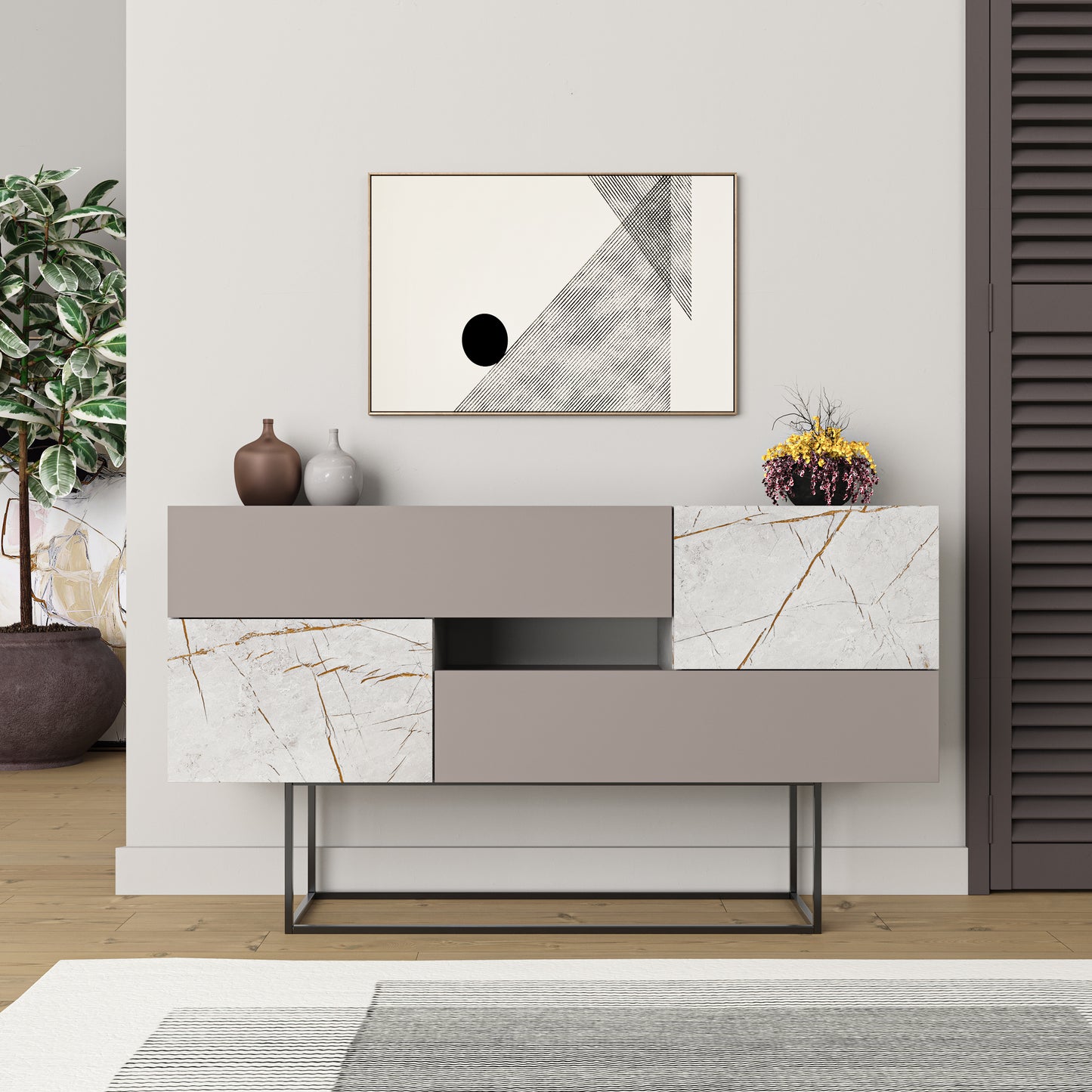 Modern light mocha sideboard with grey marble effect doors and drawers, perfect for living room, dining room or hallway storage