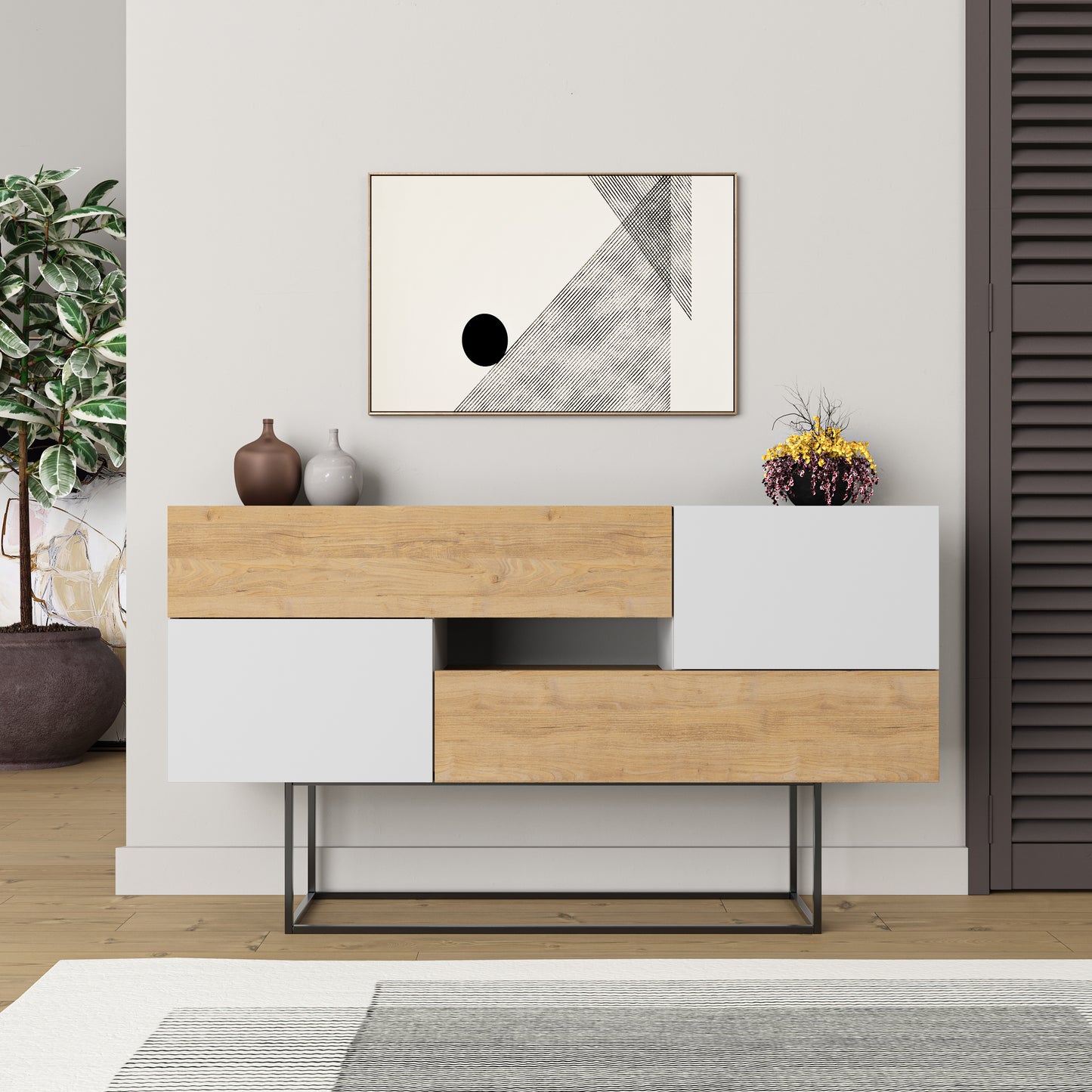 Modern oak sideboard with white doors and drawers, perfect for living room, dining room or hallway storage