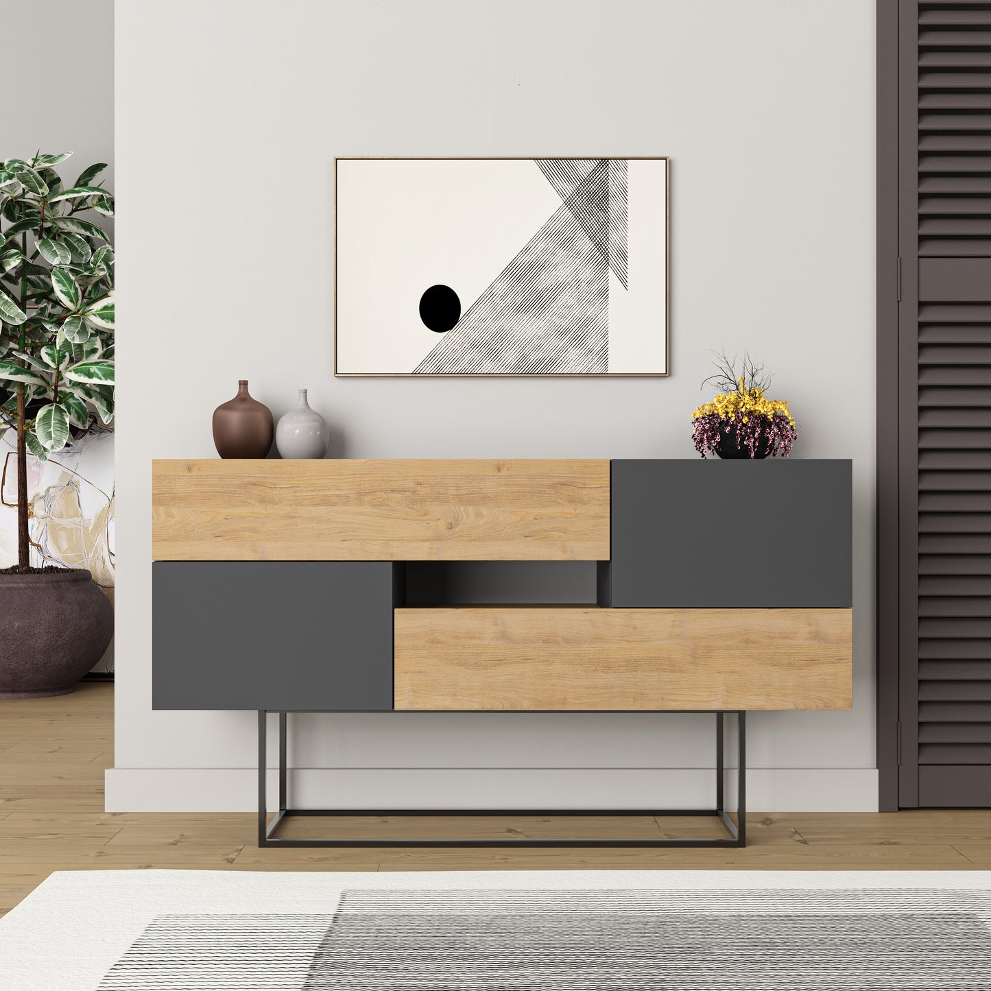 Modern oak sideboard with anthracite doors and drawers, perfect for living room, dining room or hallway storage