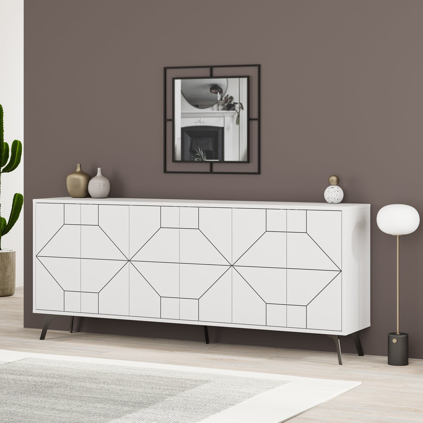 Modern sideboard cabinet with metal legs and geometric doors, ideal for stylish storage in living or dining rooms