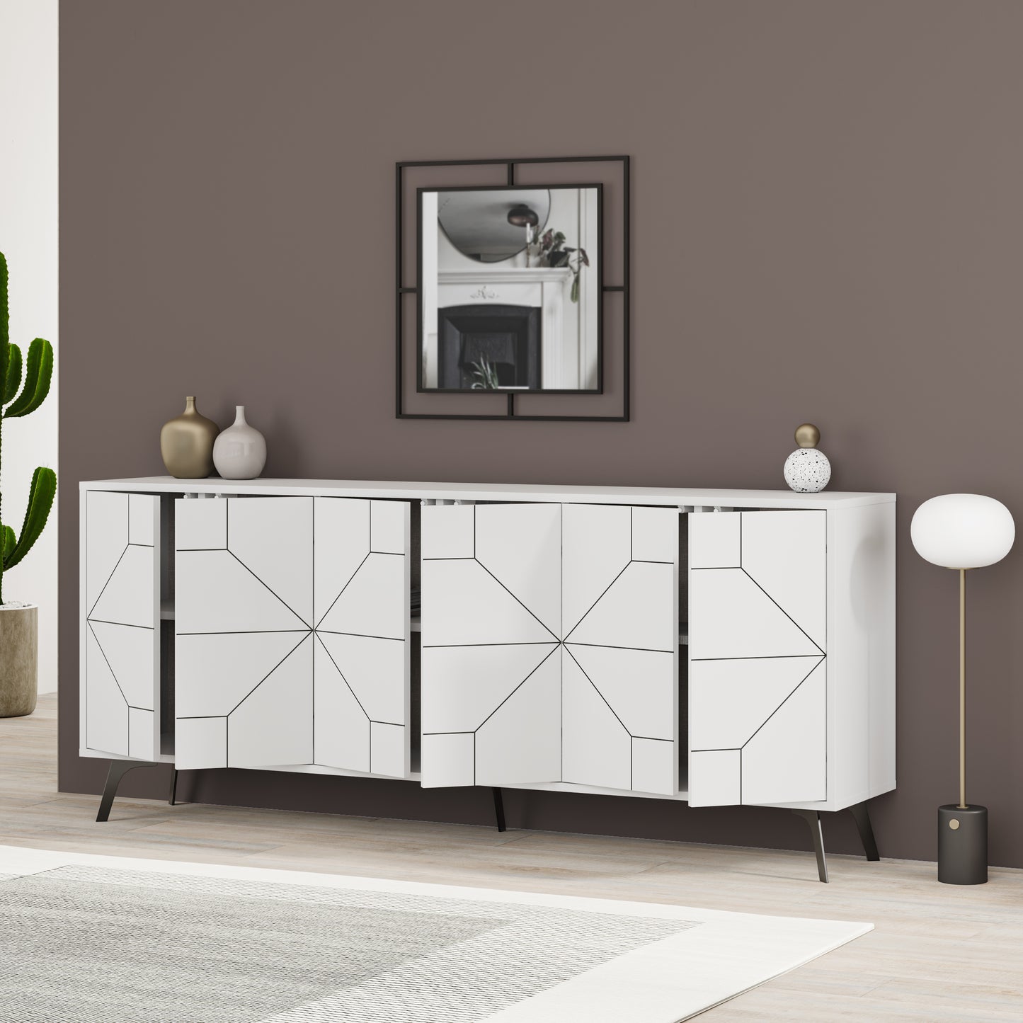 Modern sideboard cabinet with metal legs and geometric doors, ideal for stylish storage in living or dining rooms