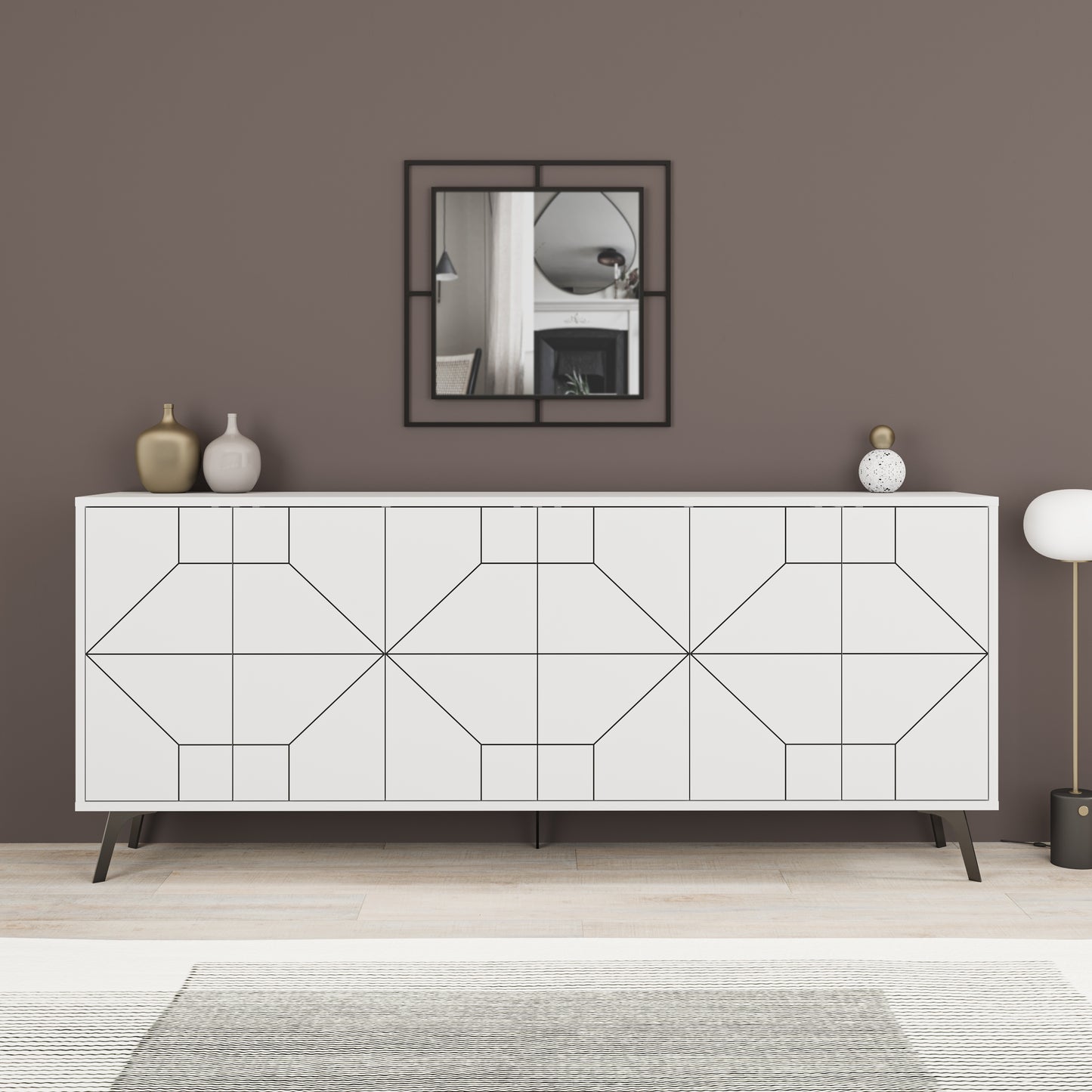 Modern sideboard cabinet with metal legs and geometric doors, ideal for stylish storage in living or dining rooms