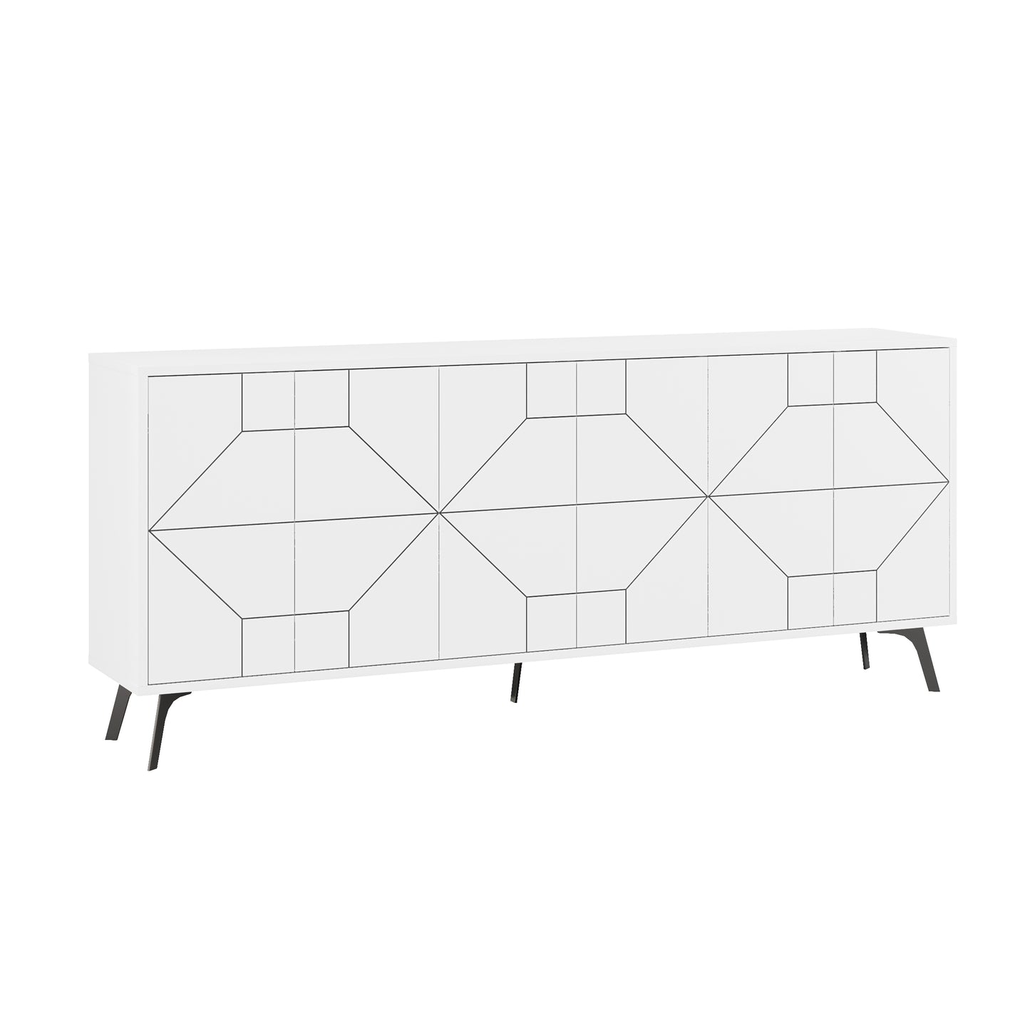 Modern sideboard cabinet with metal legs and geometric doors, ideal for stylish storage in living or dining rooms