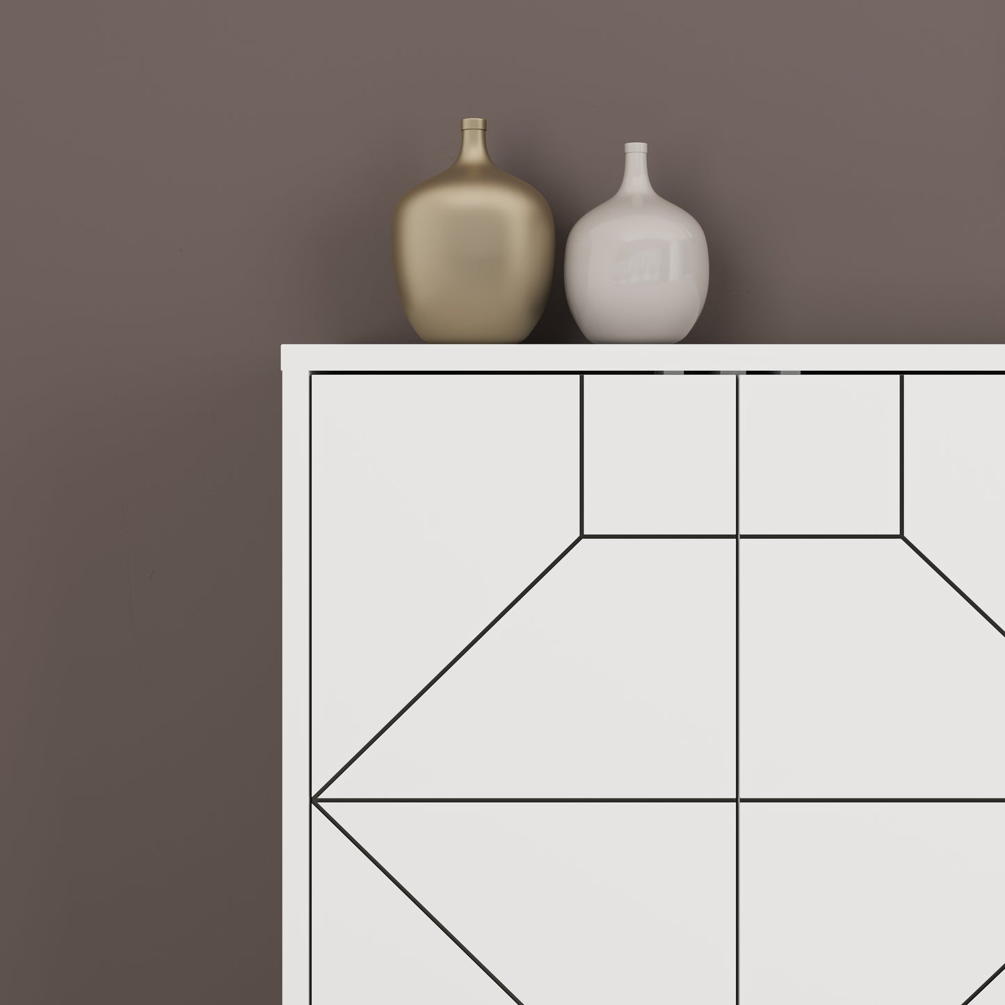 Modern sideboard cabinet with metal legs and geometric doors, ideal for stylish storage in living or dining rooms