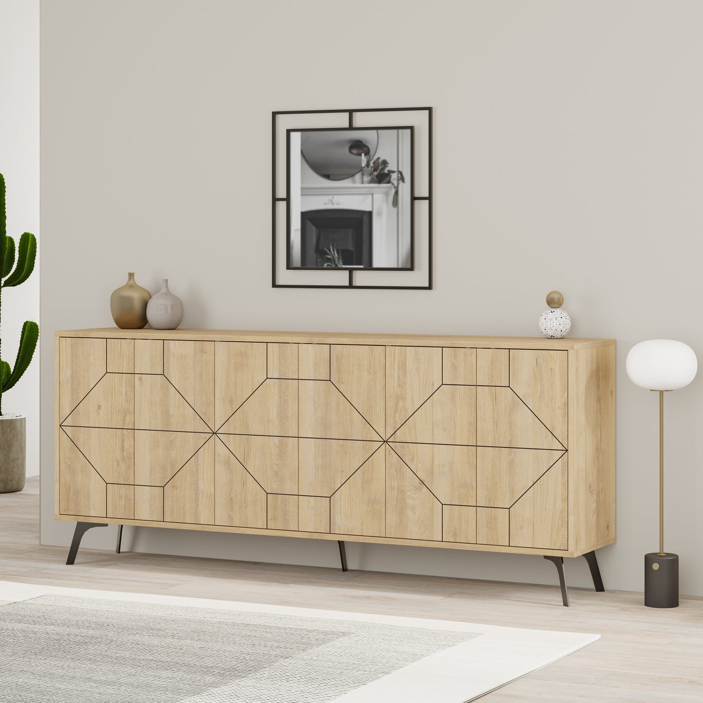 Modern sideboard cabinet with metal legs and geometric doors, ideal for stylish storage in living or dining rooms