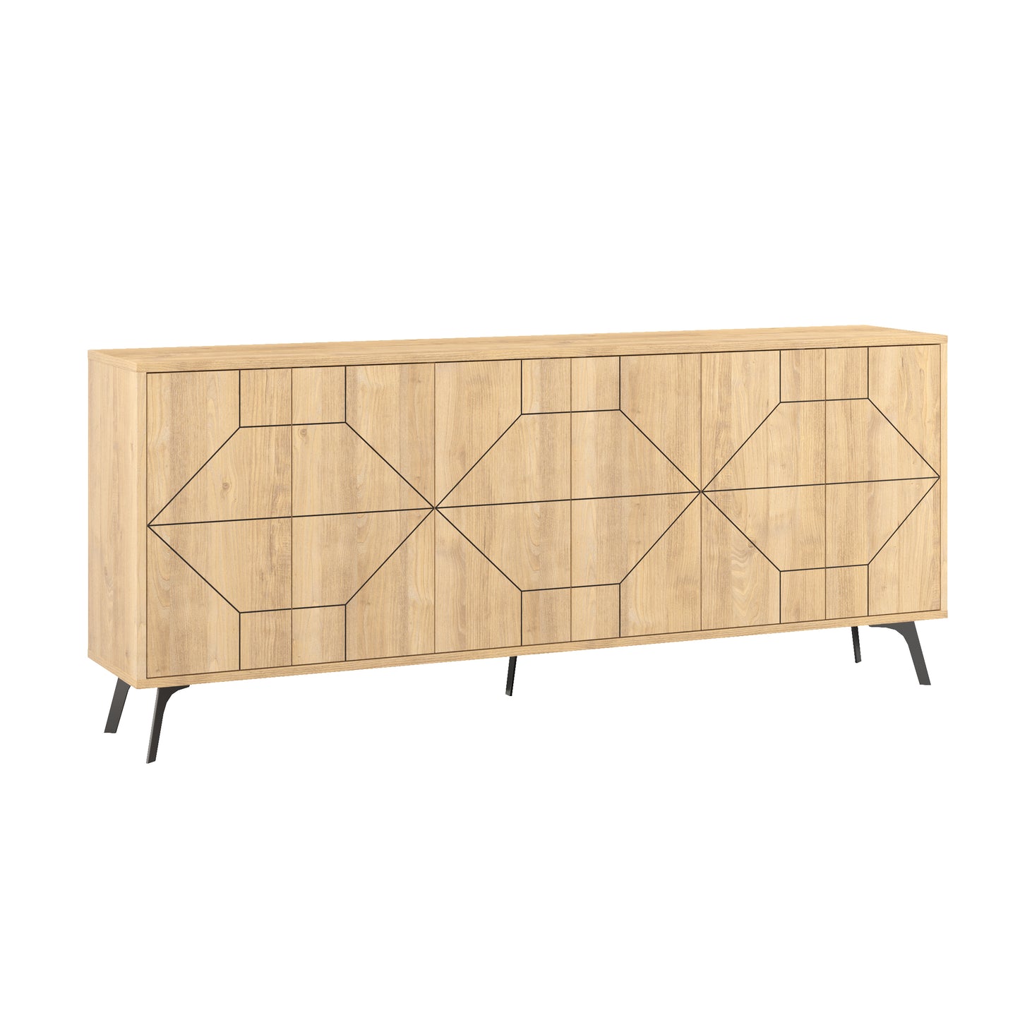 Modern sideboard cabinet with metal legs and geometric doors, ideal for stylish storage in living or dining rooms