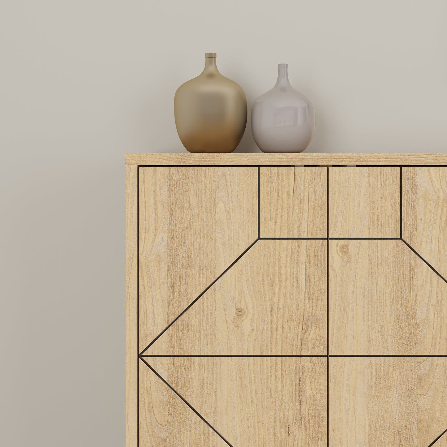 Modern sideboard cabinet with metal legs and geometric doors, ideal for stylish storage in living or dining rooms