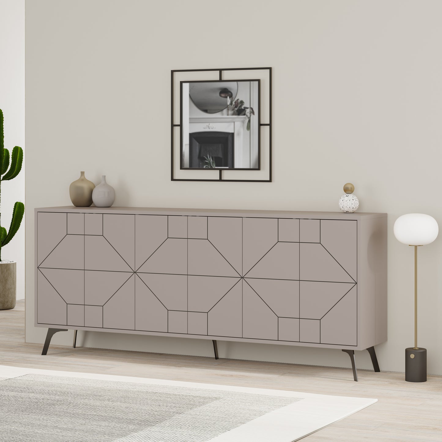 Modern sideboard cabinet with metal legs and geometric doors, ideal for stylish storage in living or dining rooms
