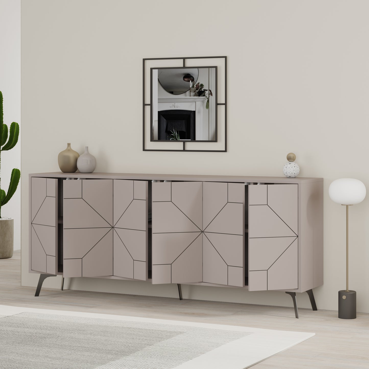 Modern sideboard cabinet with metal legs and geometric doors, ideal for stylish storage in living or dining rooms