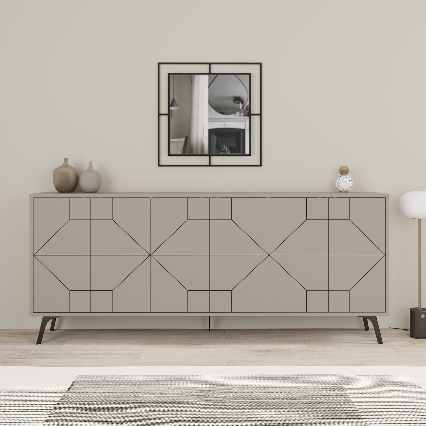 Modern sideboard cabinet with metal legs and geometric doors, ideal for stylish storage in living or dining rooms
