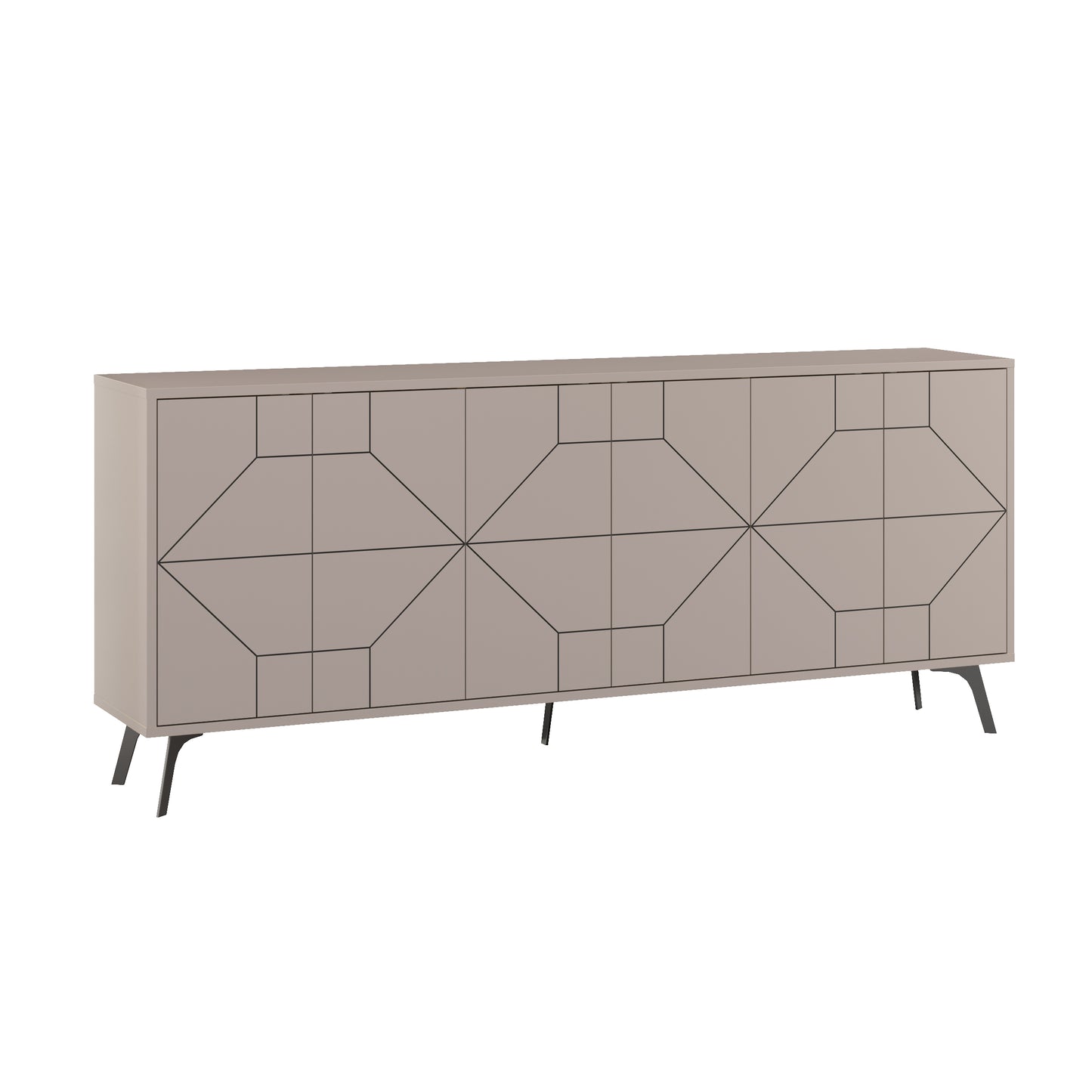 Modern sideboard cabinet with metal legs and geometric doors, ideal for stylish storage in living or dining rooms