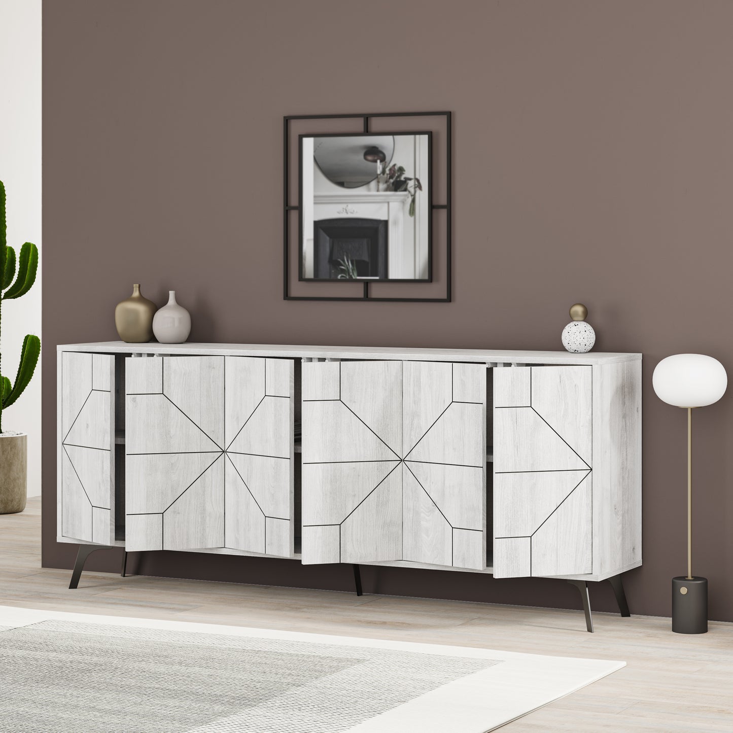 Modern sideboard cabinet with metal legs and geometric doors, ideal for stylish storage in living or dining rooms