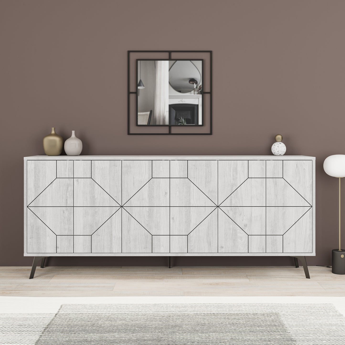 Modern sideboard cabinet with metal legs and geometric doors, ideal for stylish storage in living or dining rooms