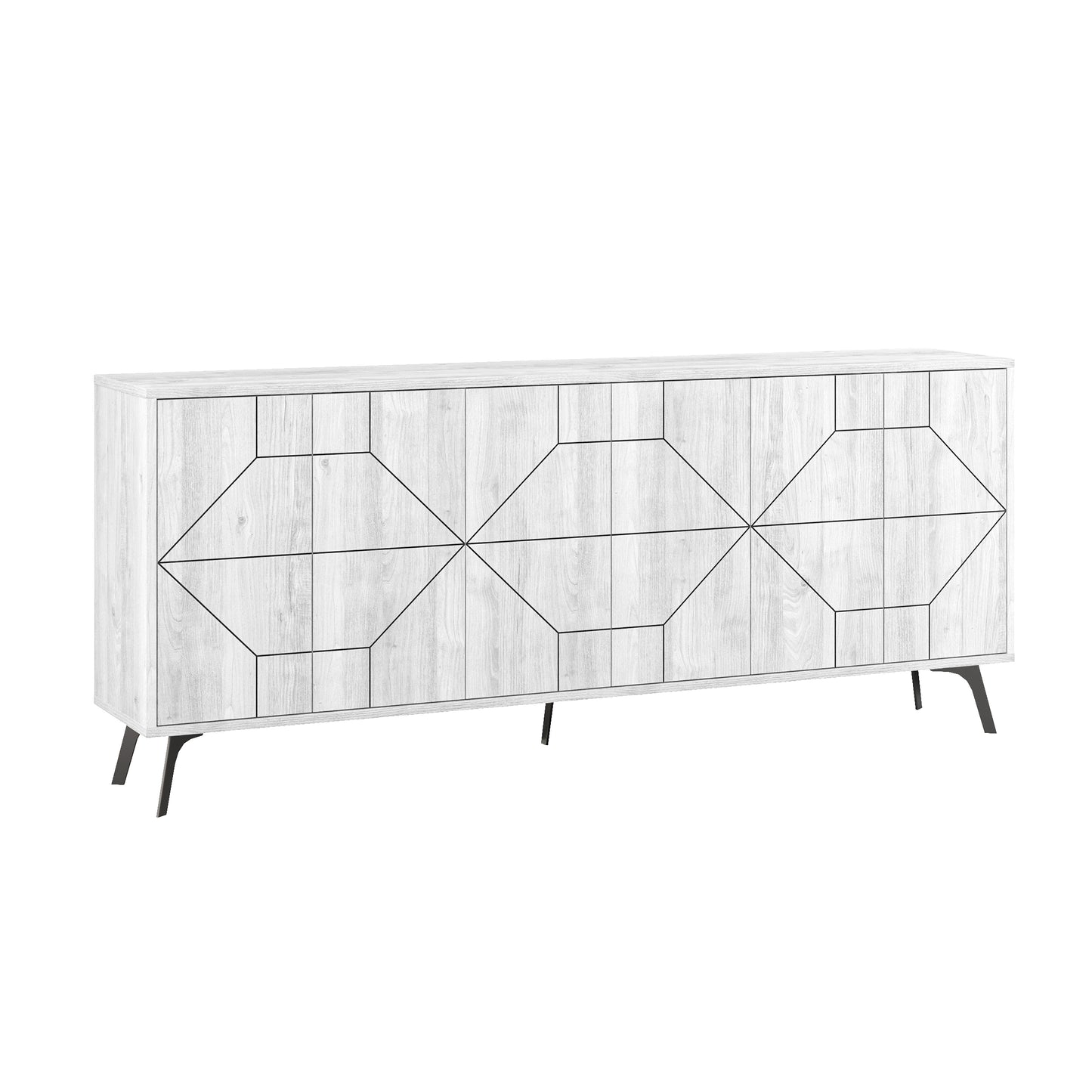 Modern sideboard cabinet with metal legs and geometric doors, ideal for stylish storage in living or dining rooms