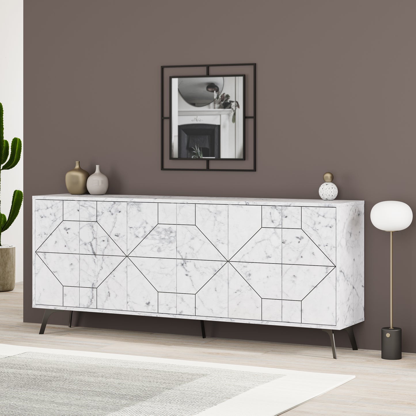Modern sideboard cabinet with metal legs and geometric doors, ideal for stylish storage in living or dining rooms