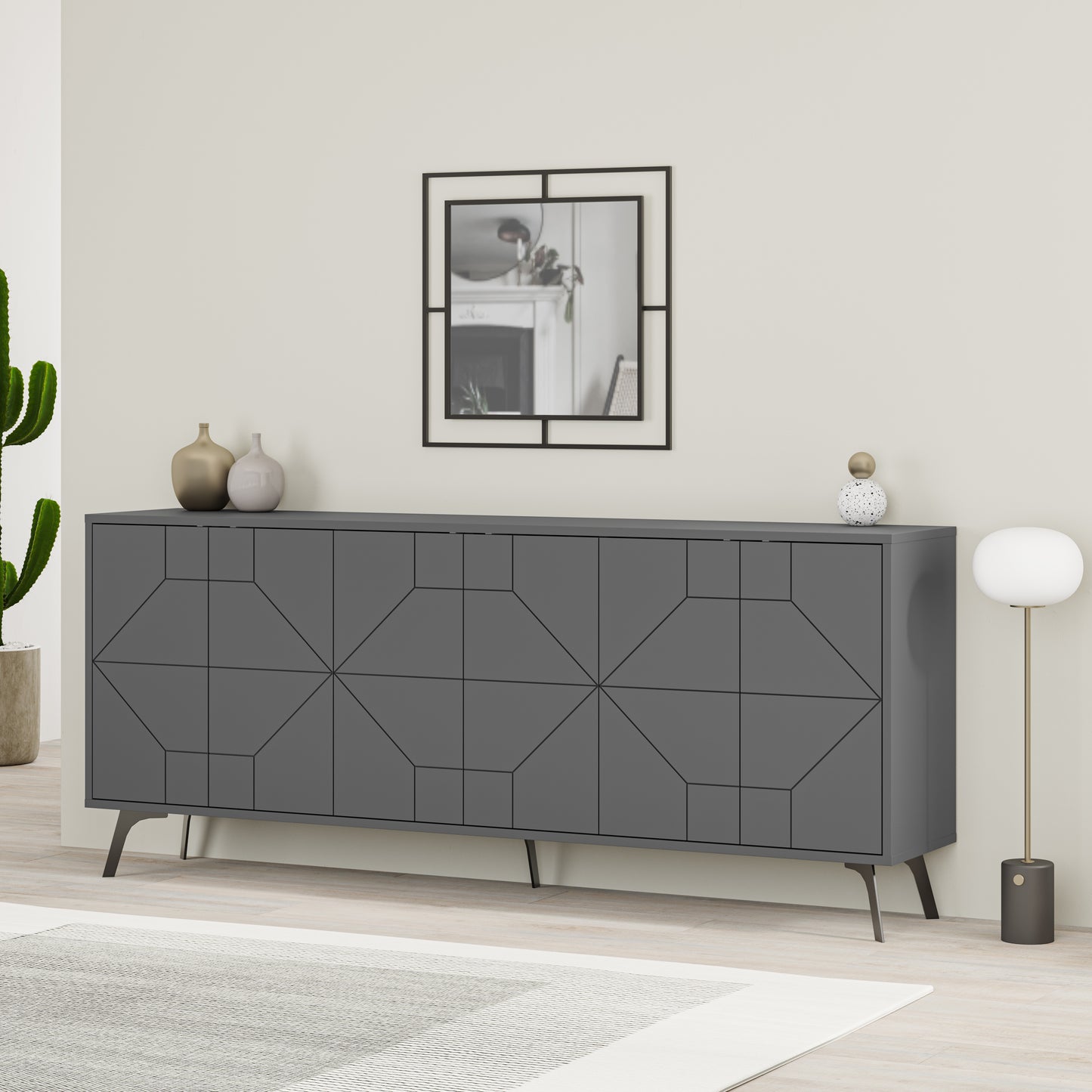 Modern sideboard cabinet with metal legs and geometric doors, ideal for stylish storage in living or dining rooms