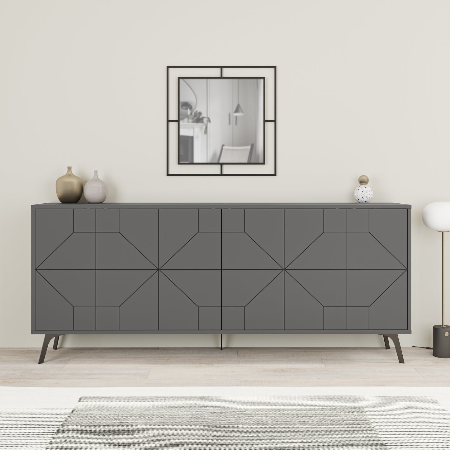 Modern sideboard cabinet with metal legs and geometric doors, ideal for stylish storage in living or dining rooms