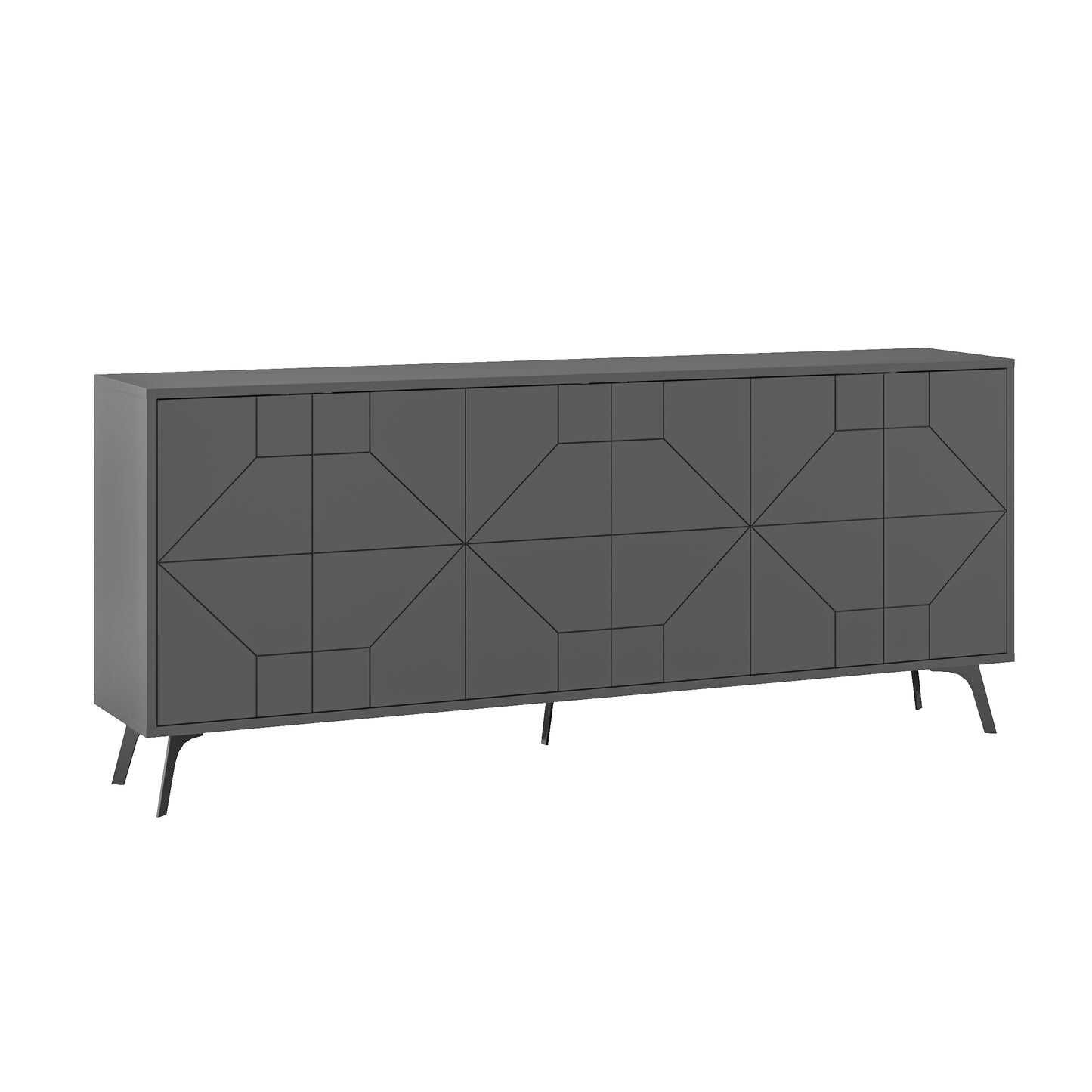 Modern sideboard cabinet with metal legs and geometric doors, ideal for stylish storage in living or dining rooms