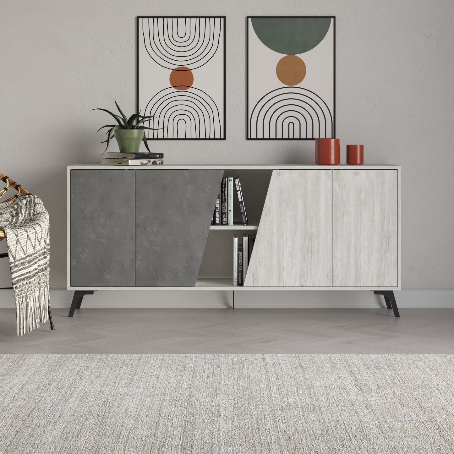 180 cm wide sideboard with retro grey and ancient white finish, ideal for modern living room or dining room storage