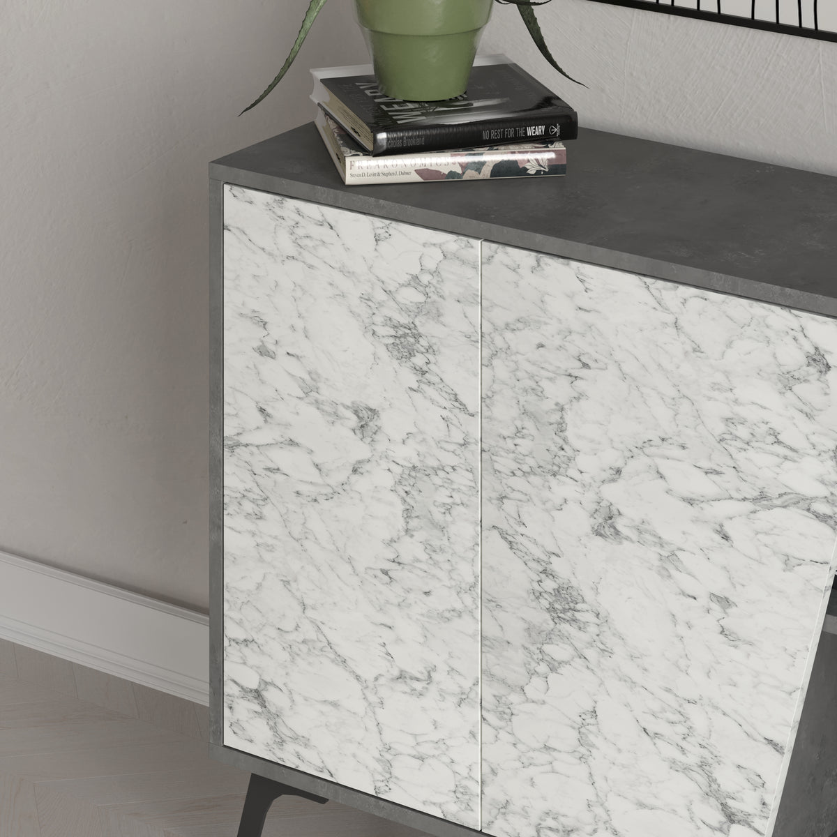 Modern sideboard cabinet with metal legs and closed storage, ideal for living room, dining area or hallway