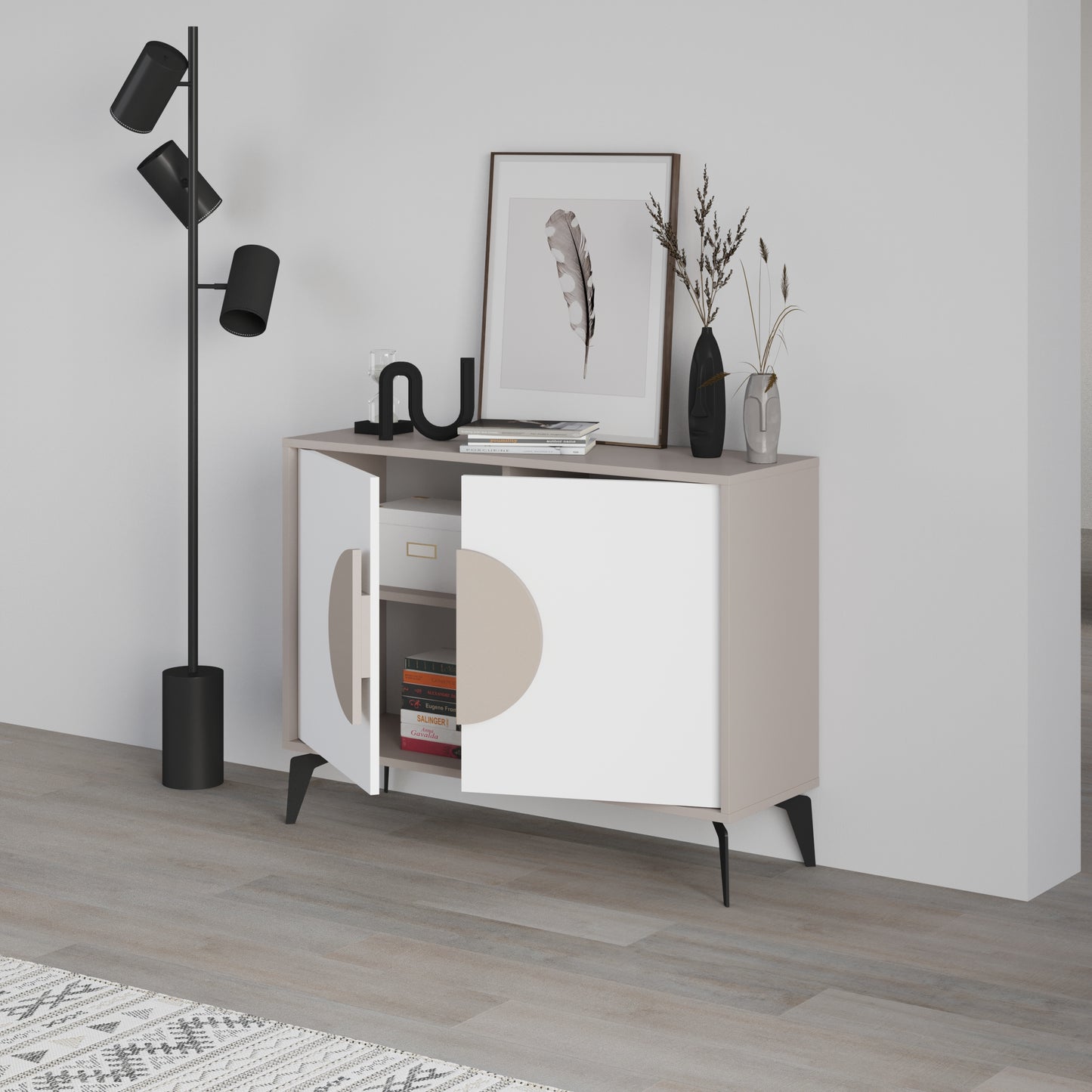 Modern sideboard cabinet with metal legs and closed storage, ideal for living room, dining area or hallway