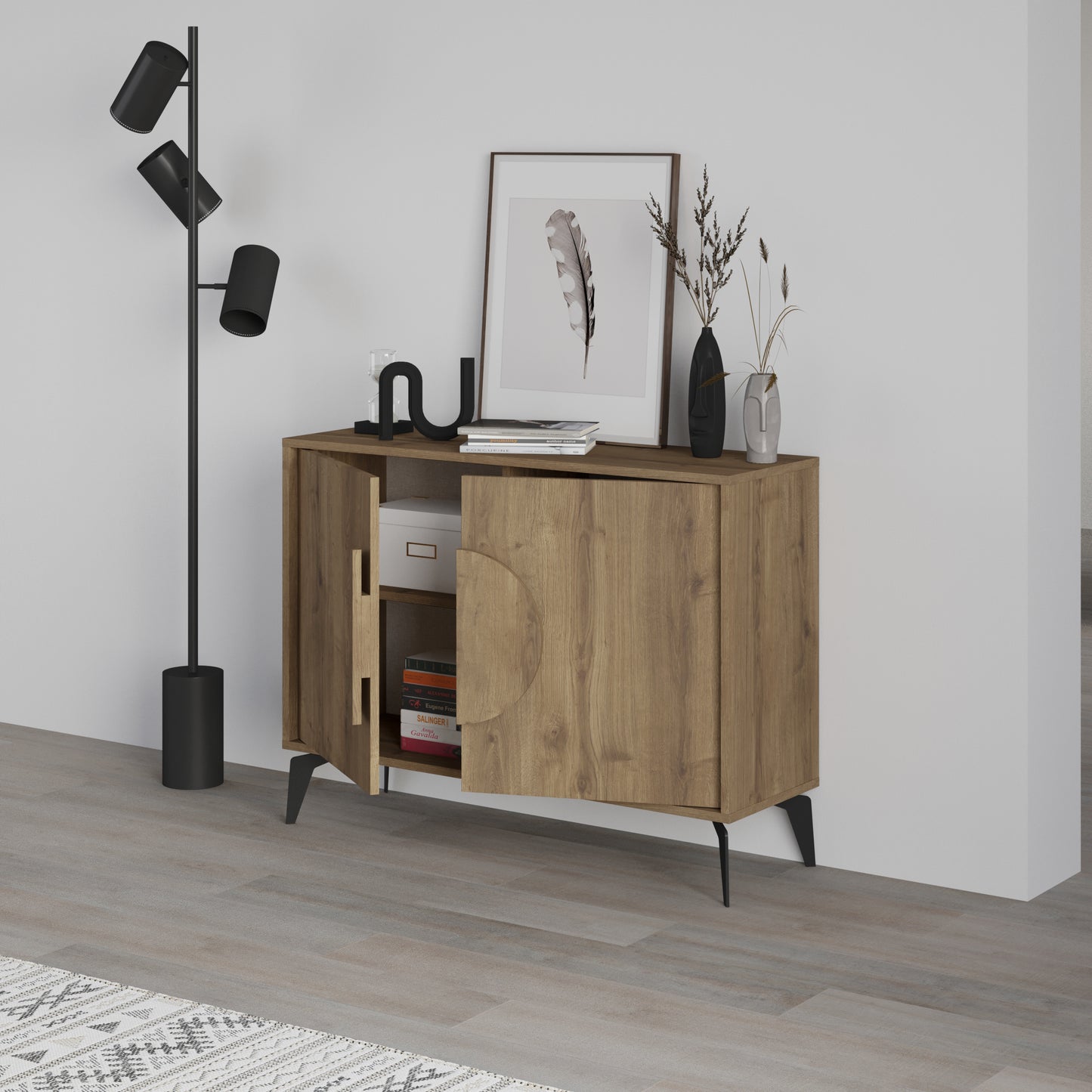 Modern sideboard cabinet with metal legs and closed storage, ideal for living room, dining area or hallway